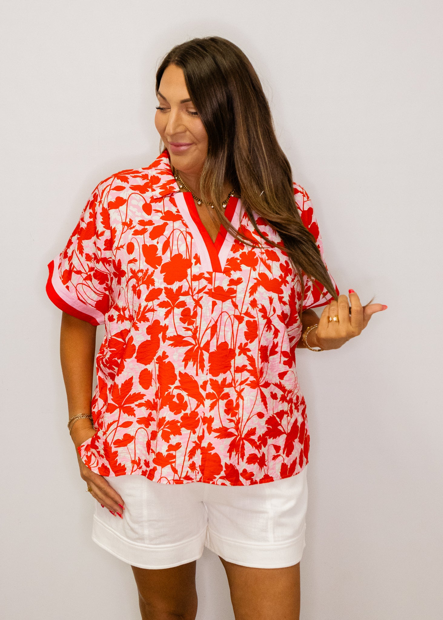 Red Print Contrast Banded Top