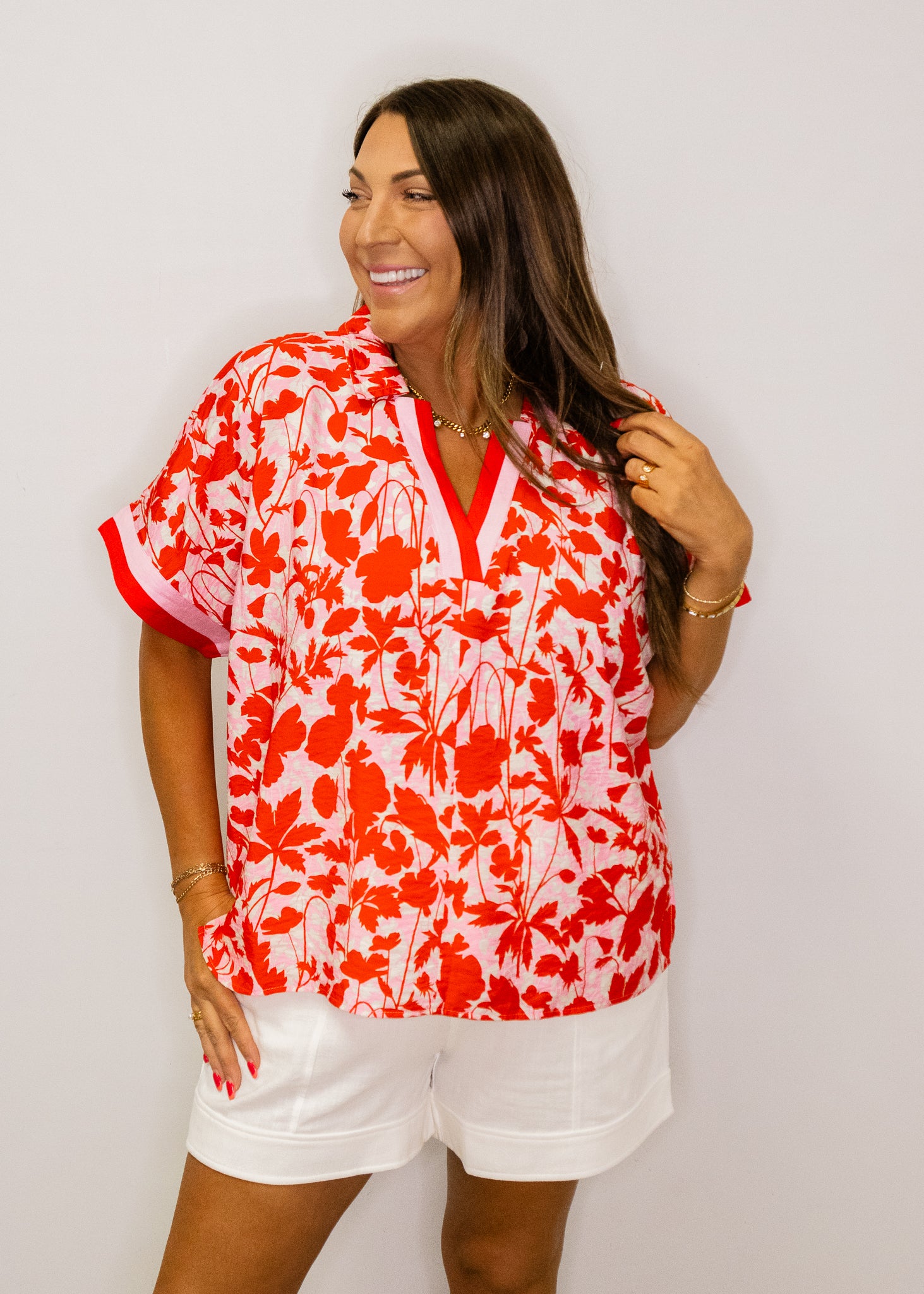 Red Print Contrast Banded Top