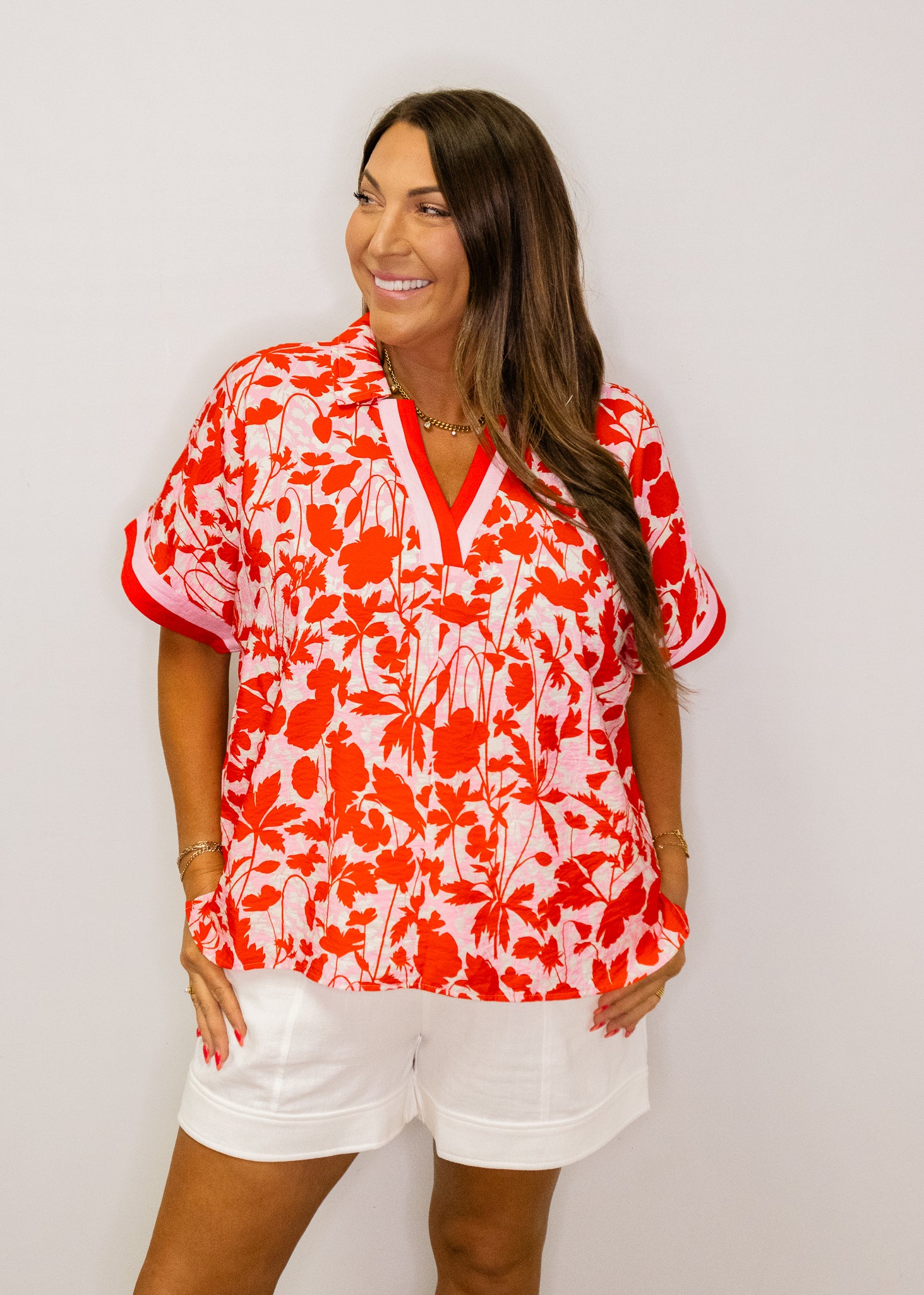 Red Print Contrast Banded Top
