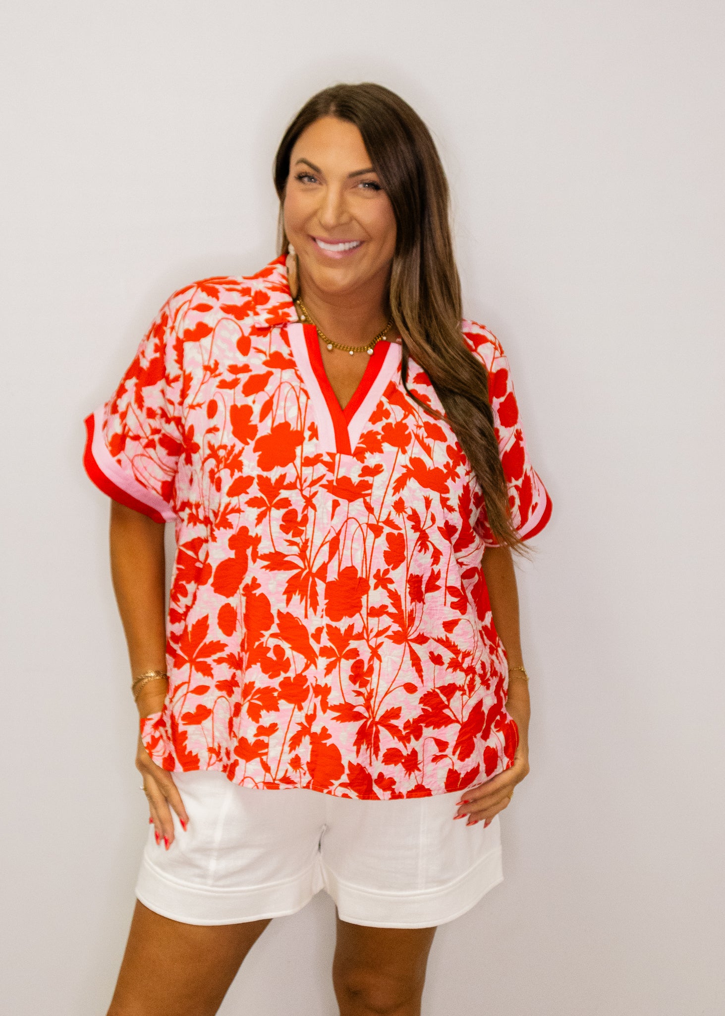 Red Print Contrast Banded Top