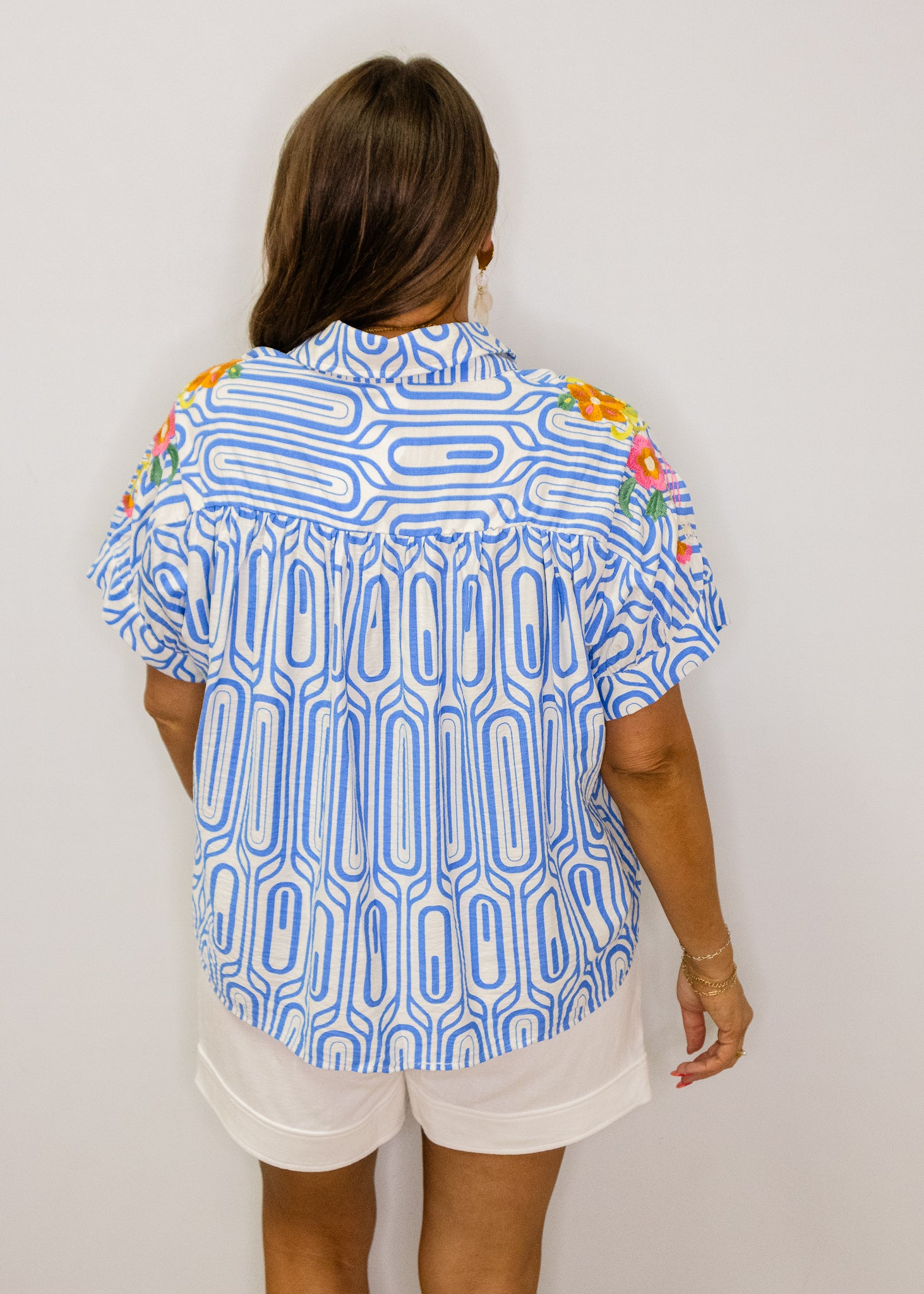 Blue Geometric Embroidered Floral Top