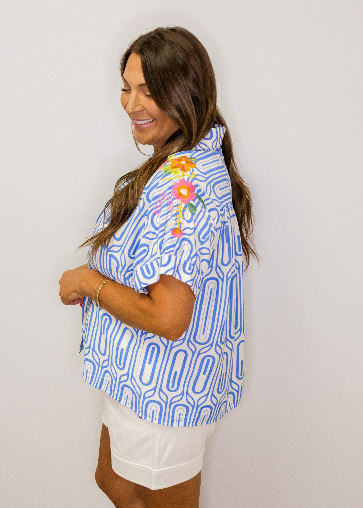 Blue Geometric Embroidered Floral Top