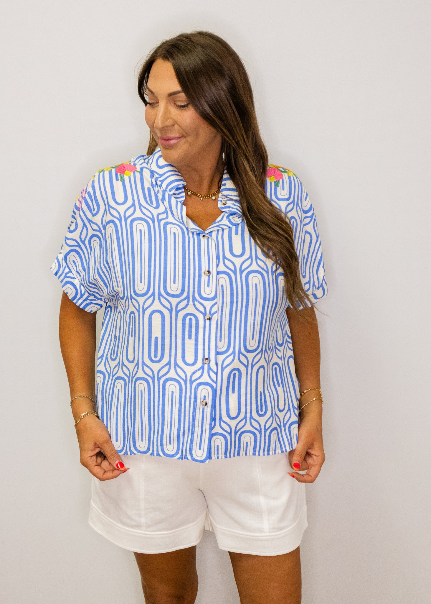 Blue Geometric Embroidered Floral Top
