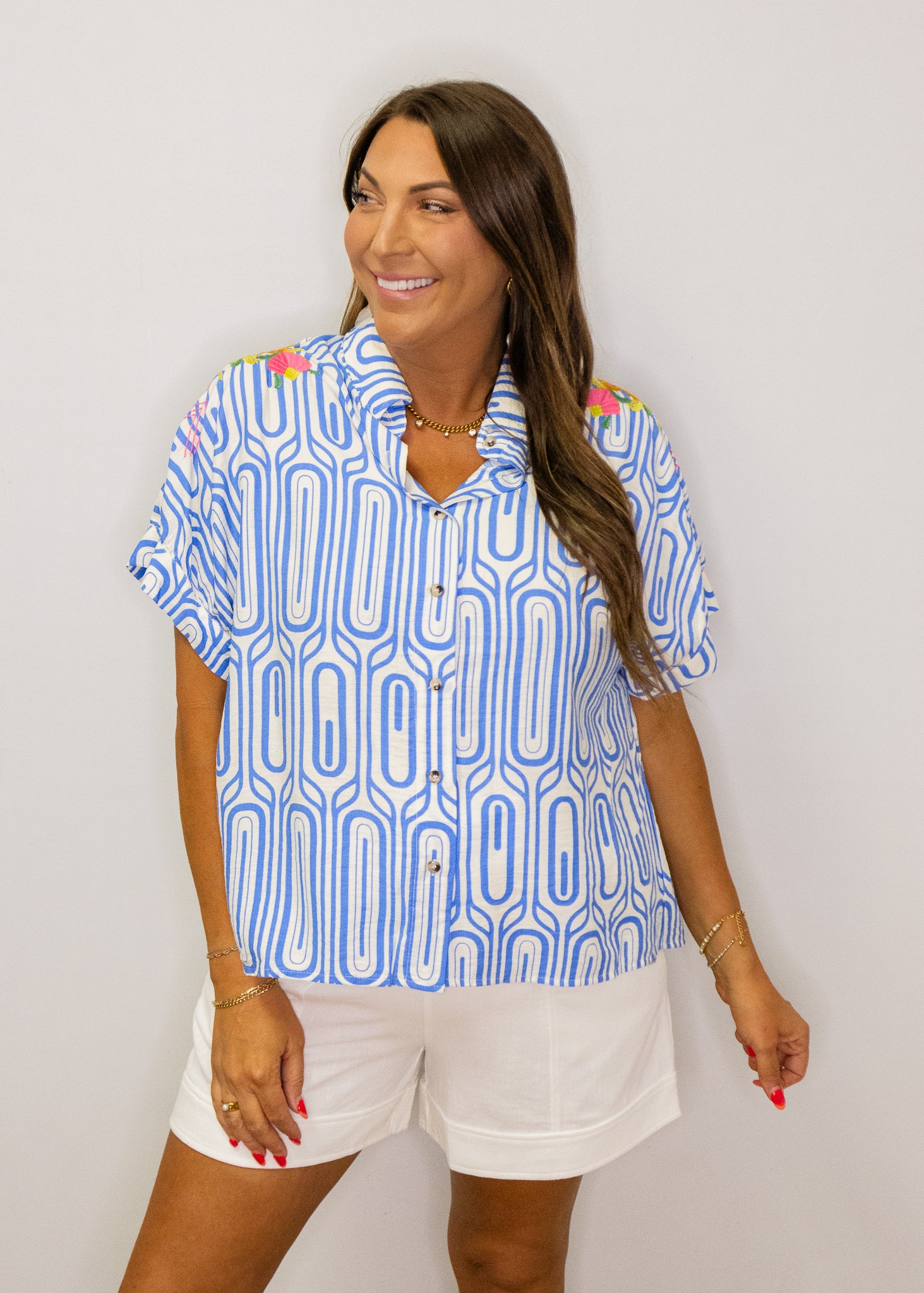 Blue Geometric Embroidered Floral Top