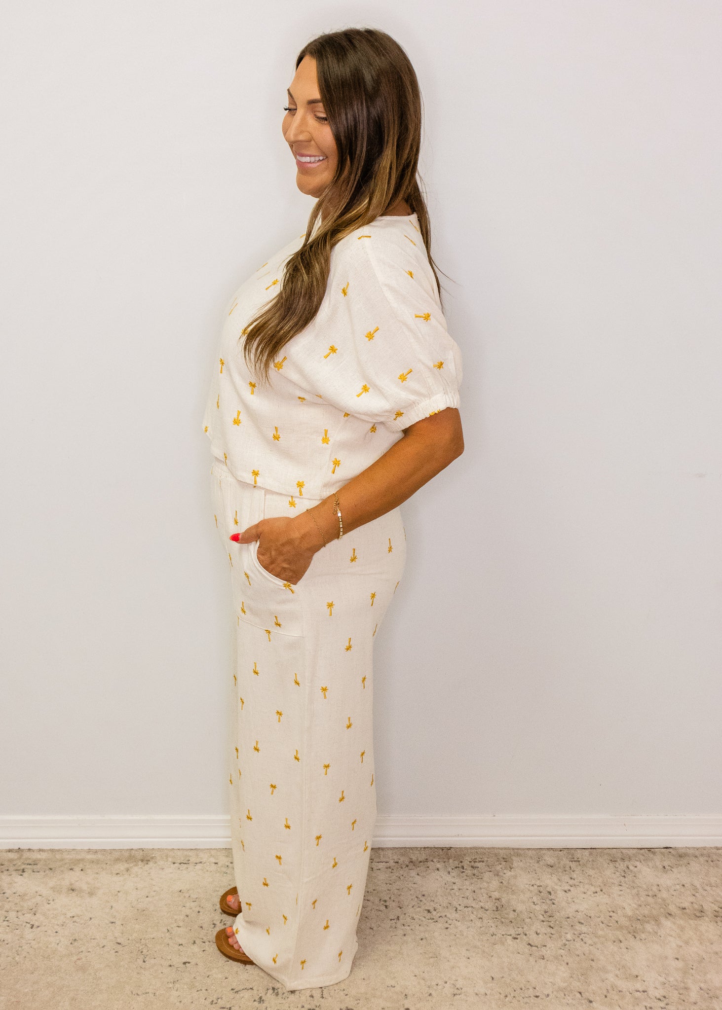 Cream Gold Palm Tree Pants Set