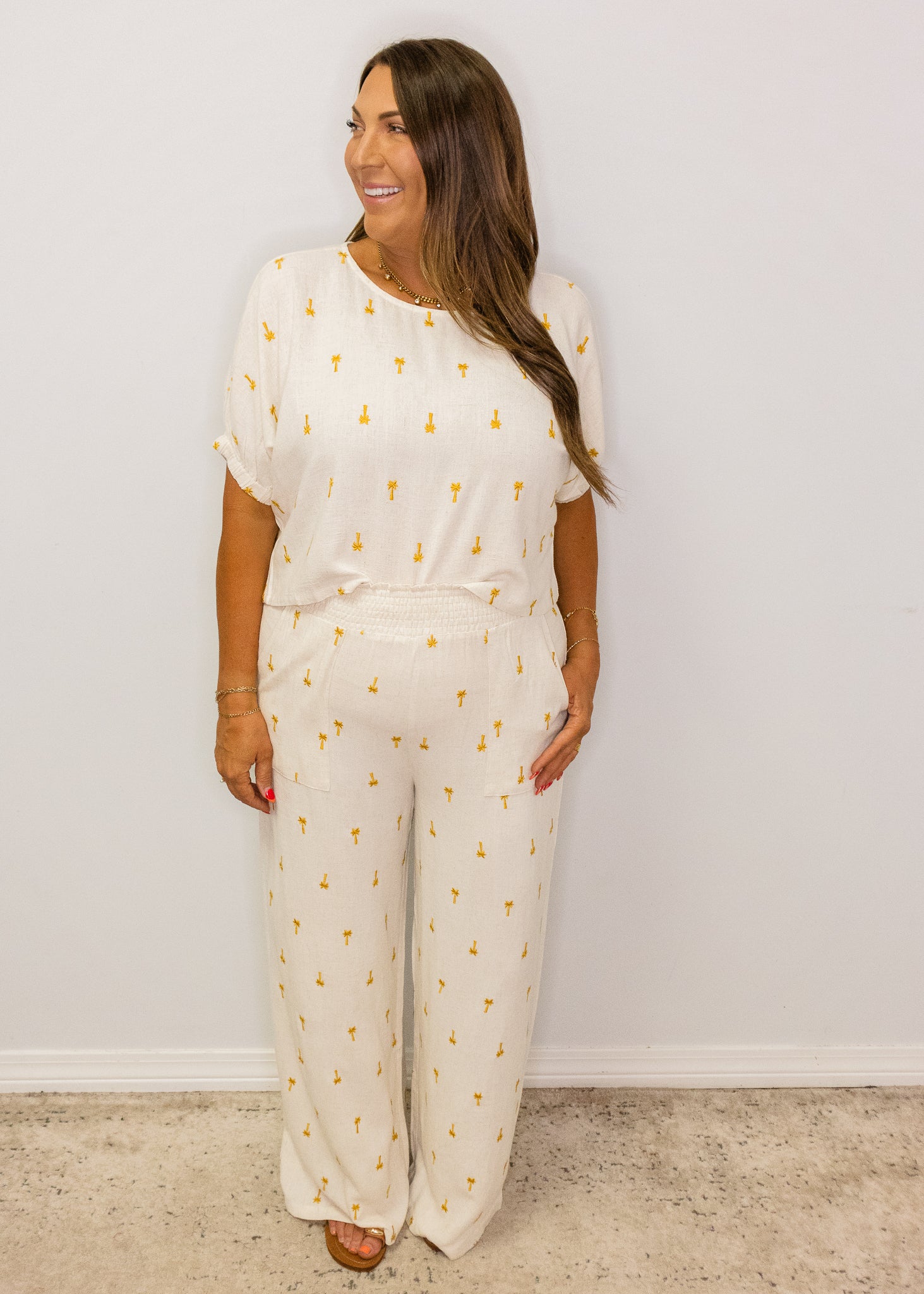Cream Gold Palm Tree Pants Set