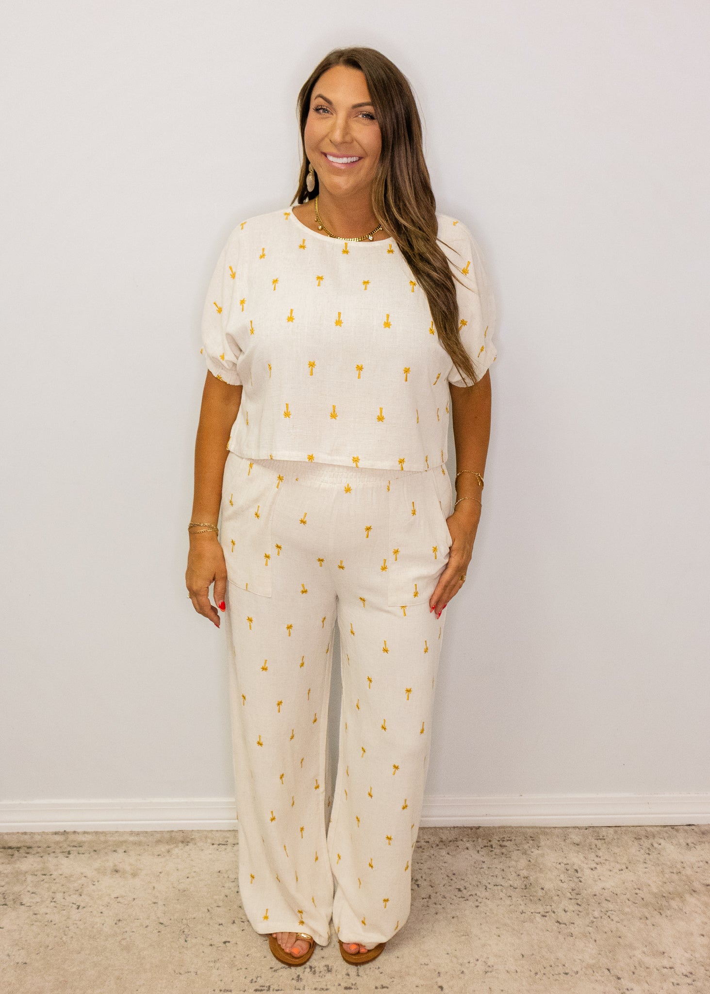 Cream Gold Palm Tree Pants Set