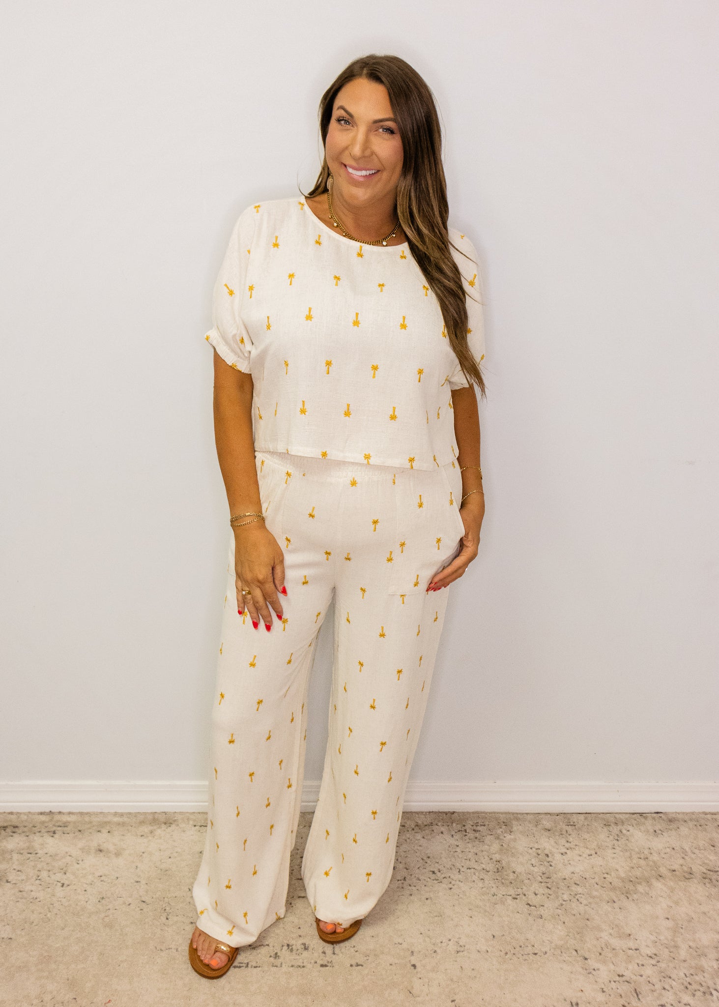 Cream Gold Palm Tree Pants Set