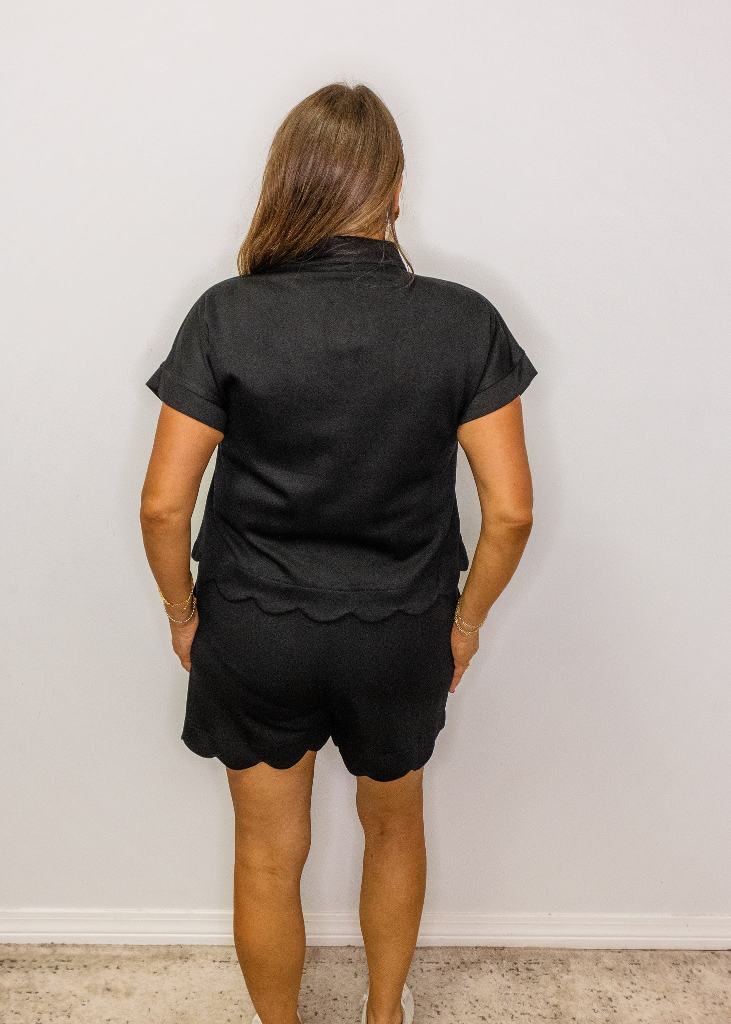 Black Scallop Hem Shorts Set
