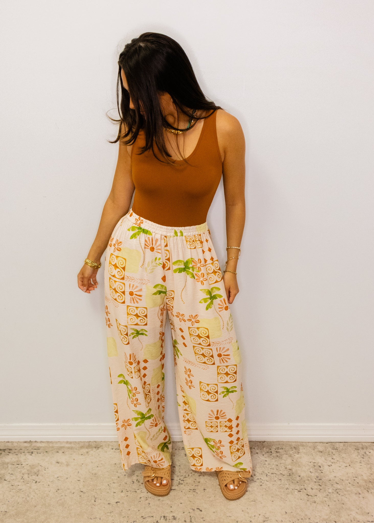 Ivory Multi Tropical Print Wide Leg Pants