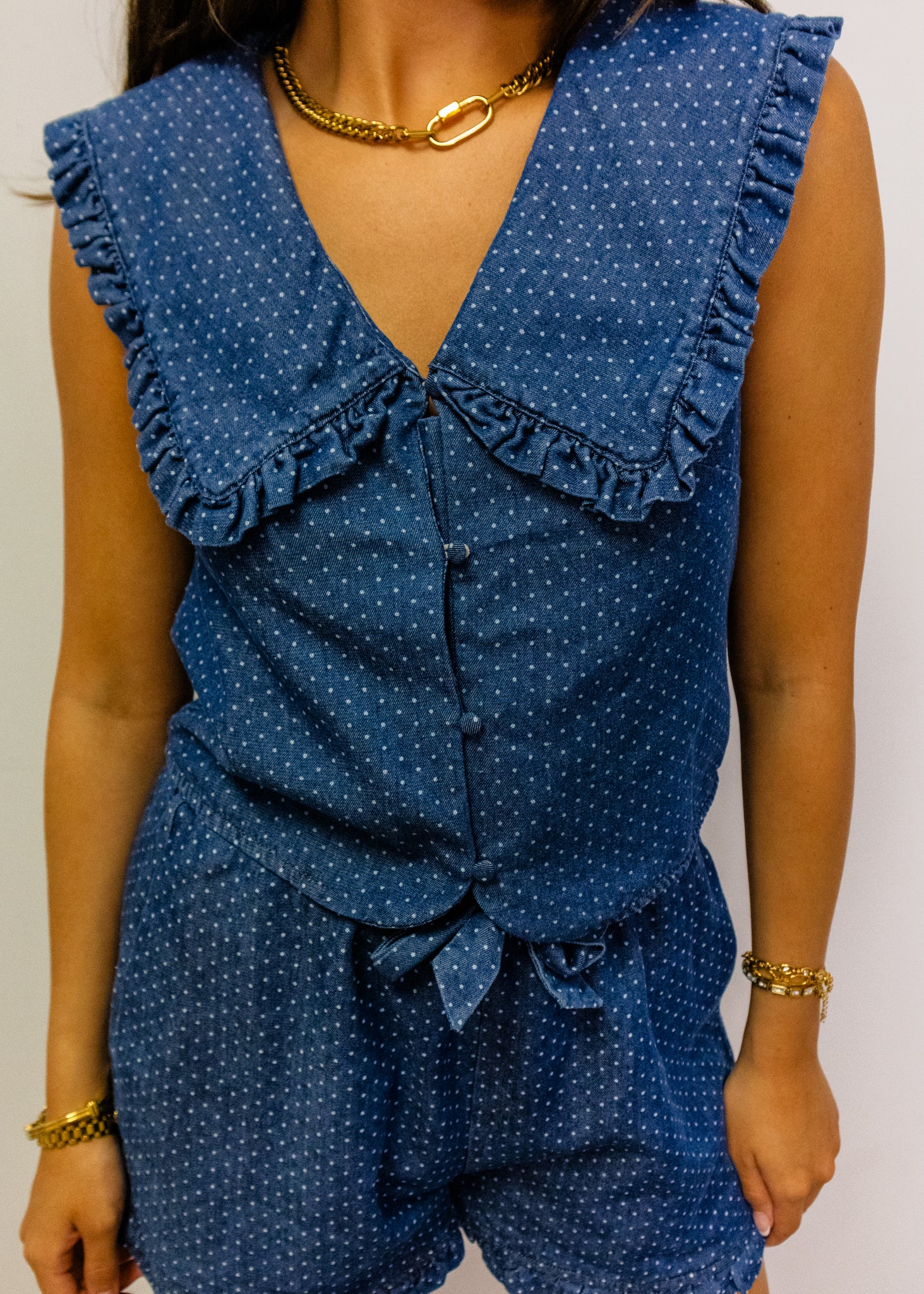Denim Polka Dot Print V Neck Top