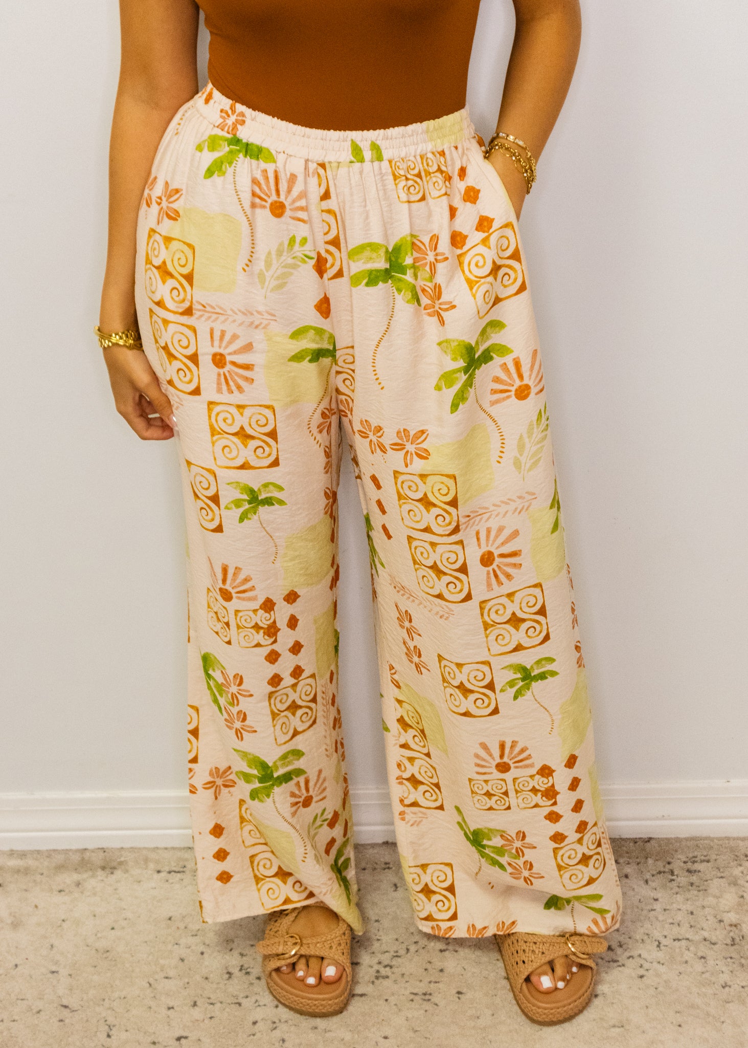 Ivory Multi Tropical Print Wide Leg Pants
