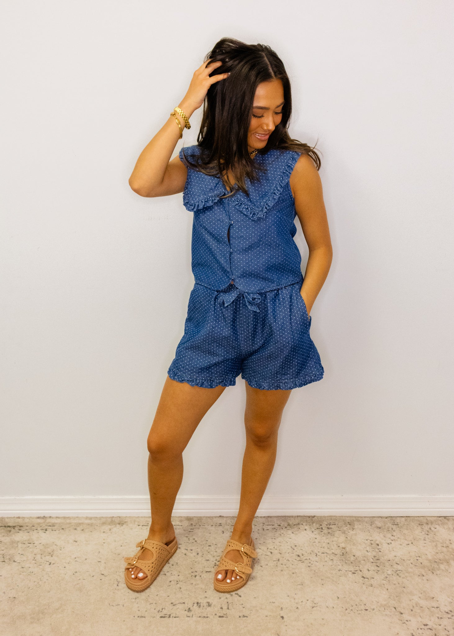 Denim Polka Dot Print V Neck Top