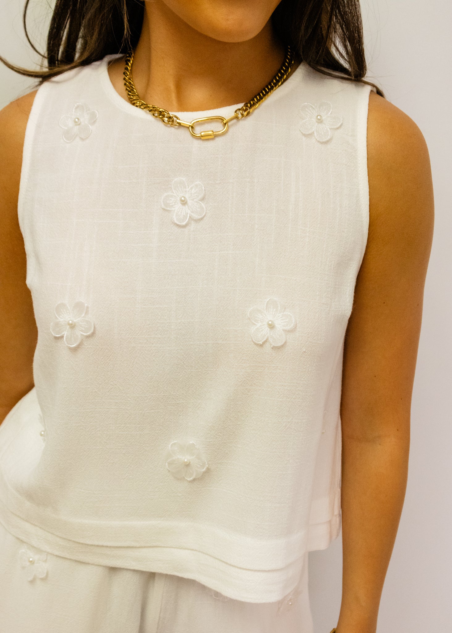 White Linen Floral Shorts Set