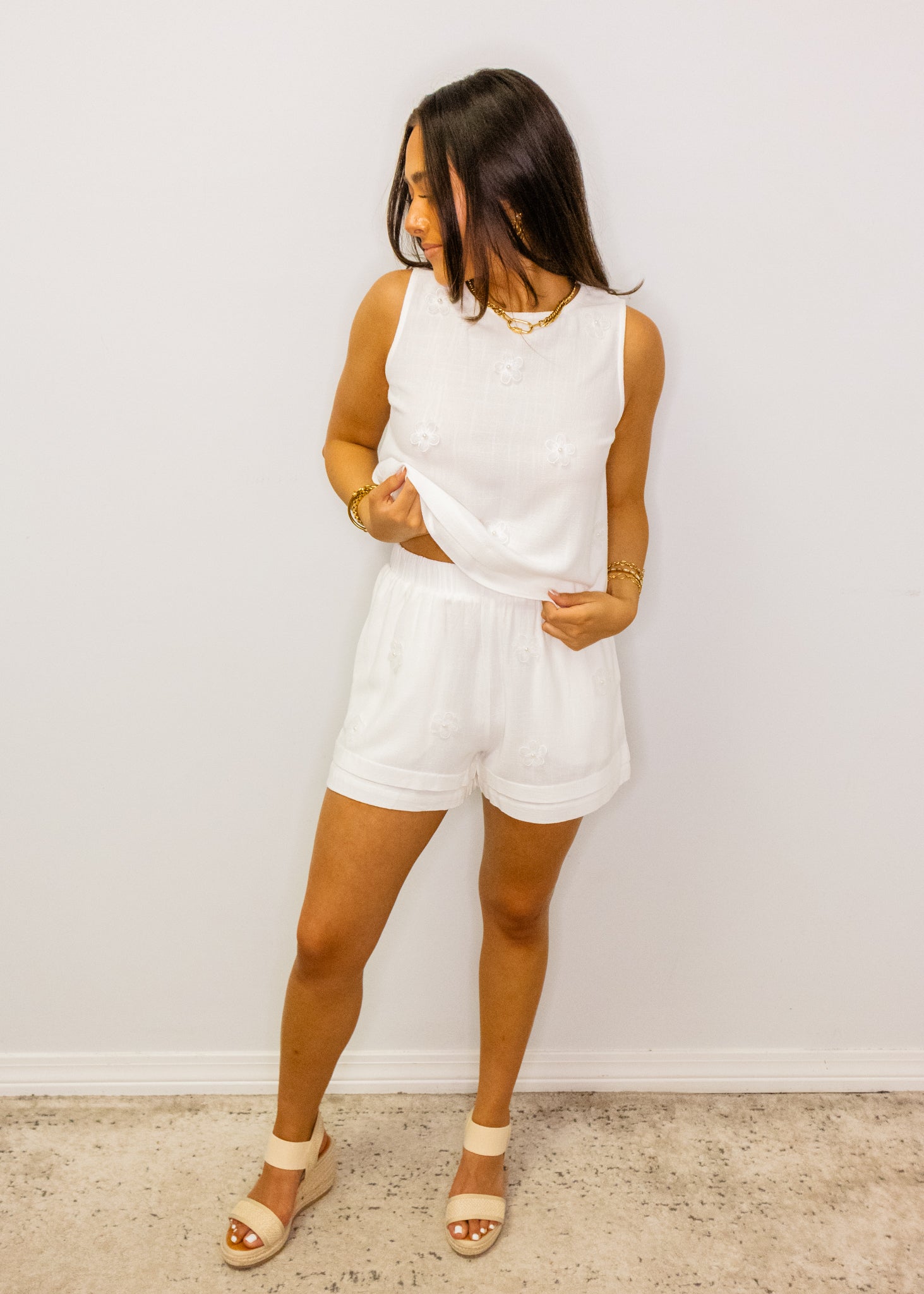 White Linen Floral Shorts Set