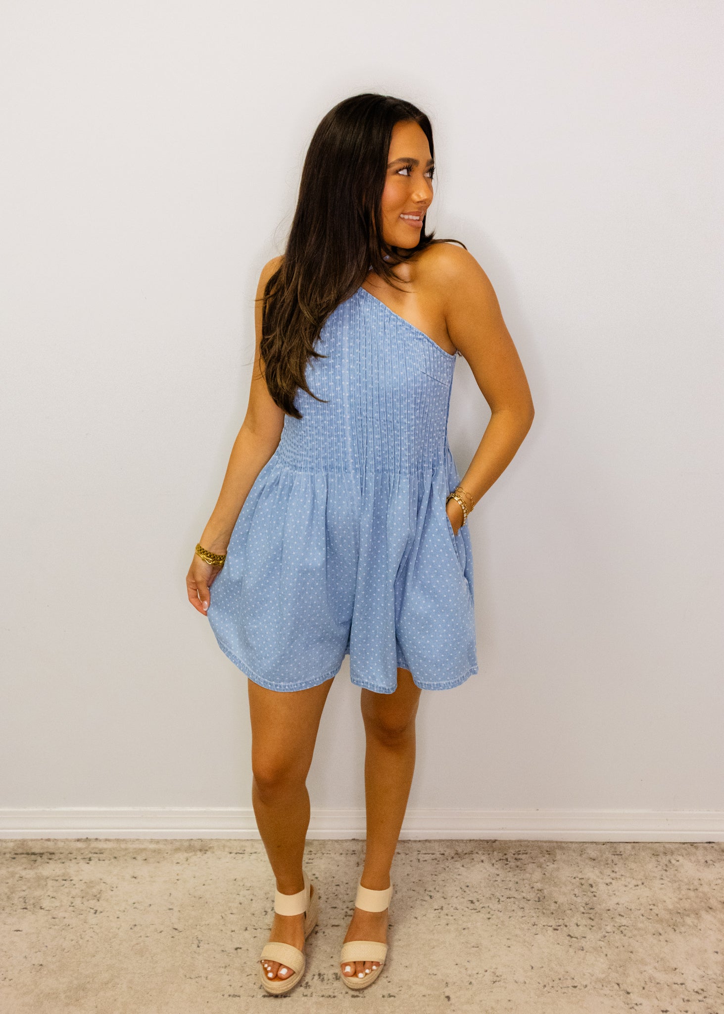 Denim Polka Dot Halter Romper