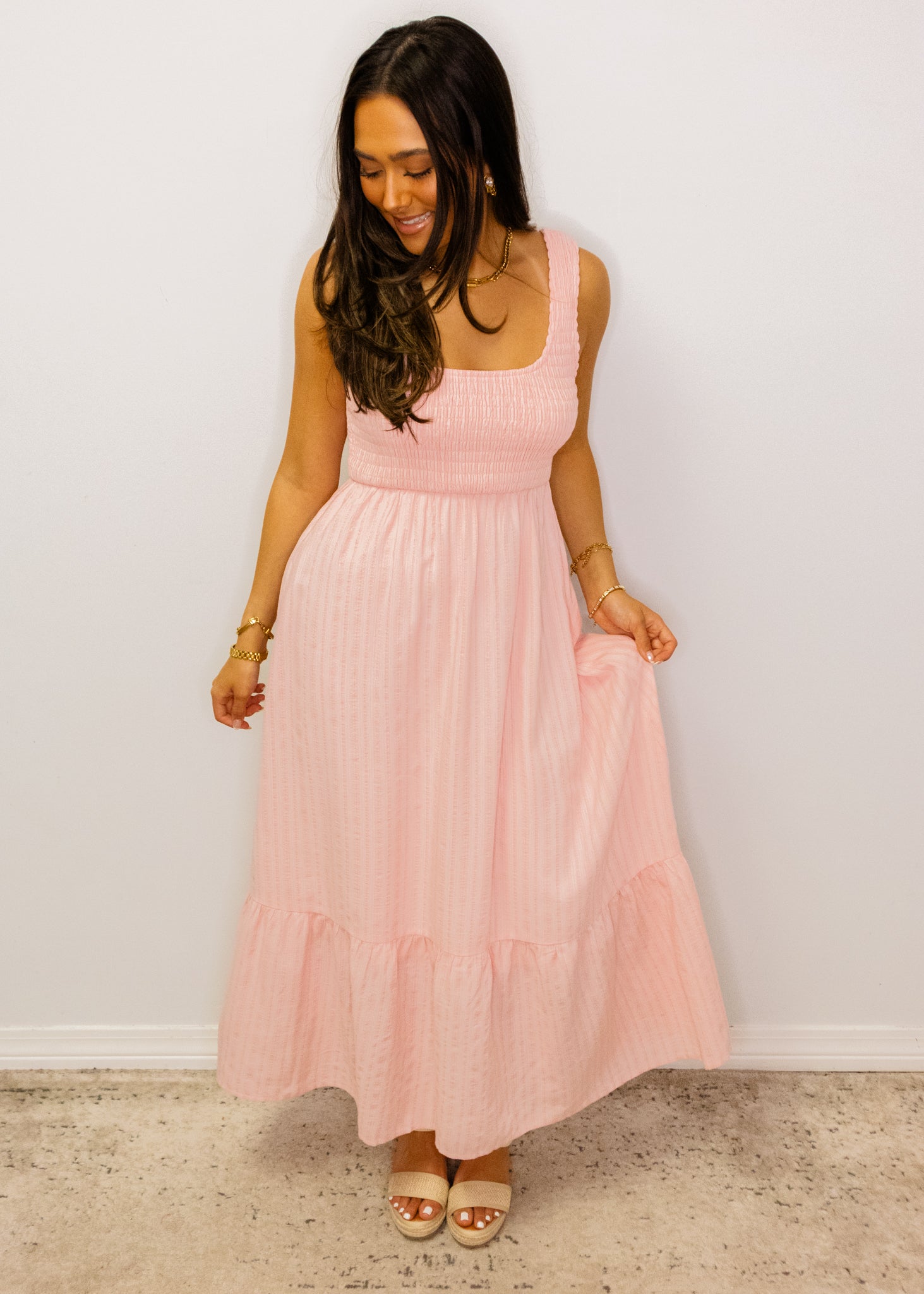 Pink Stripe Smocked Maxi Dress