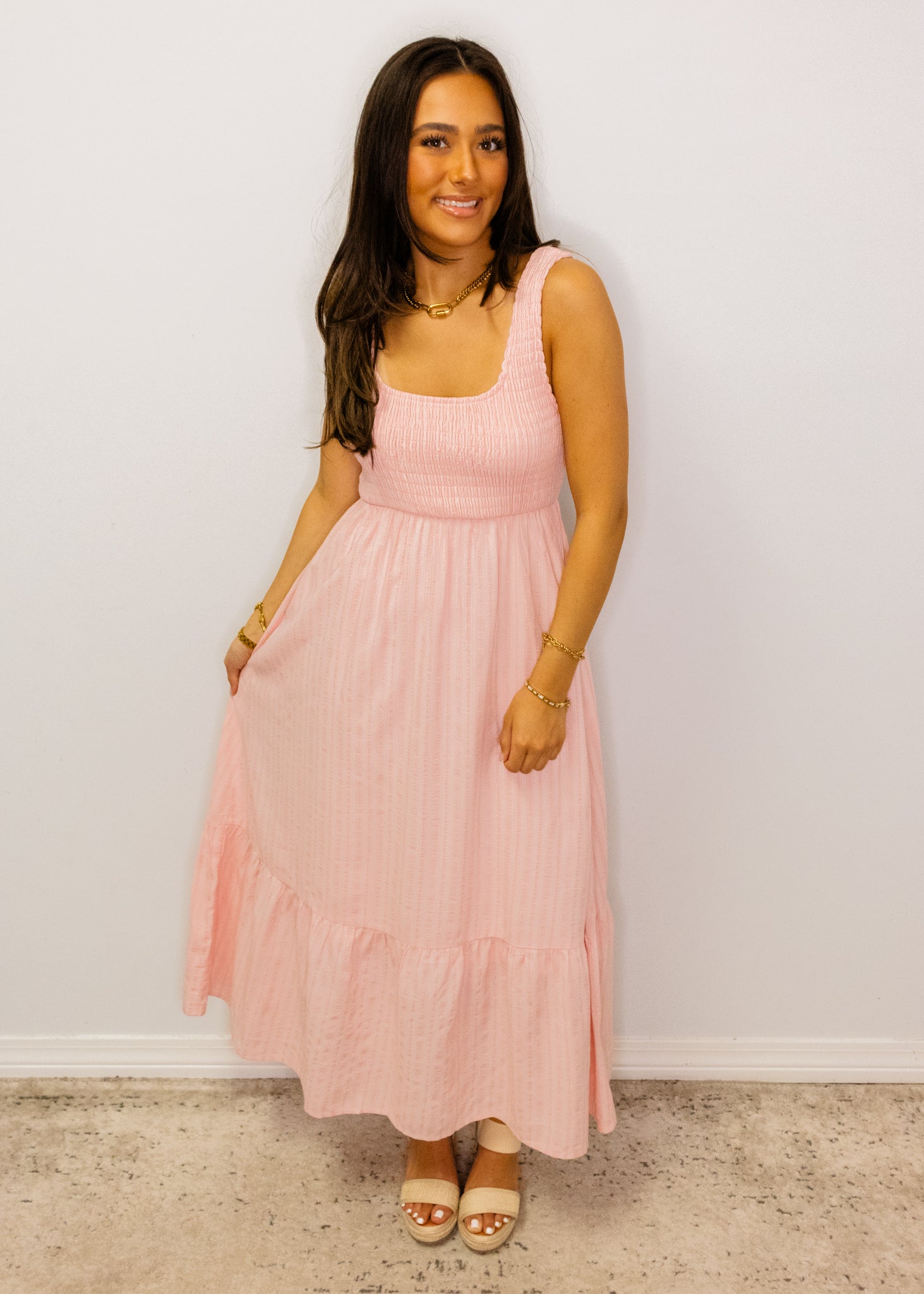 Pink Stripe Smocked Maxi Dress