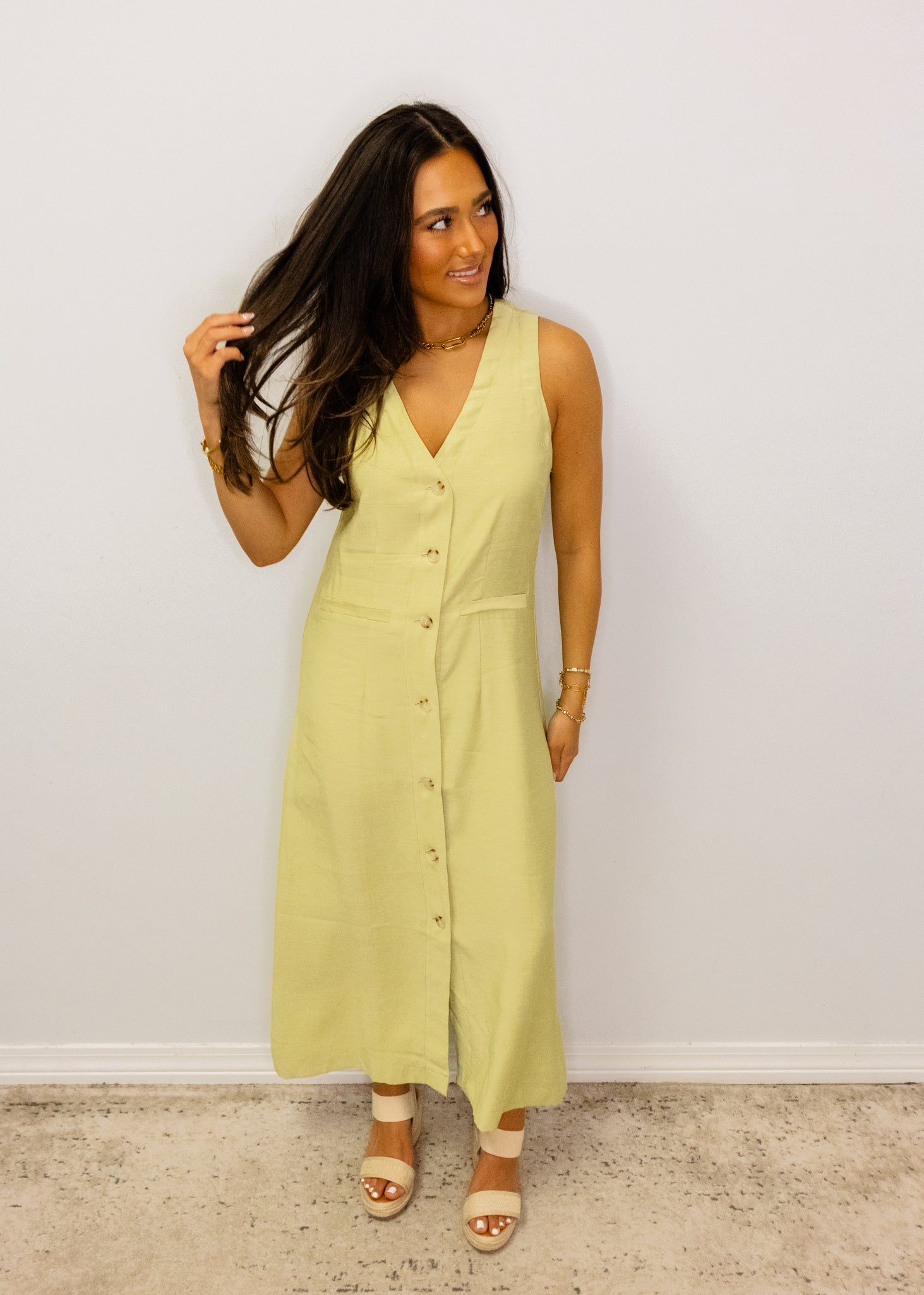 Sage Linen Button Midi Dress