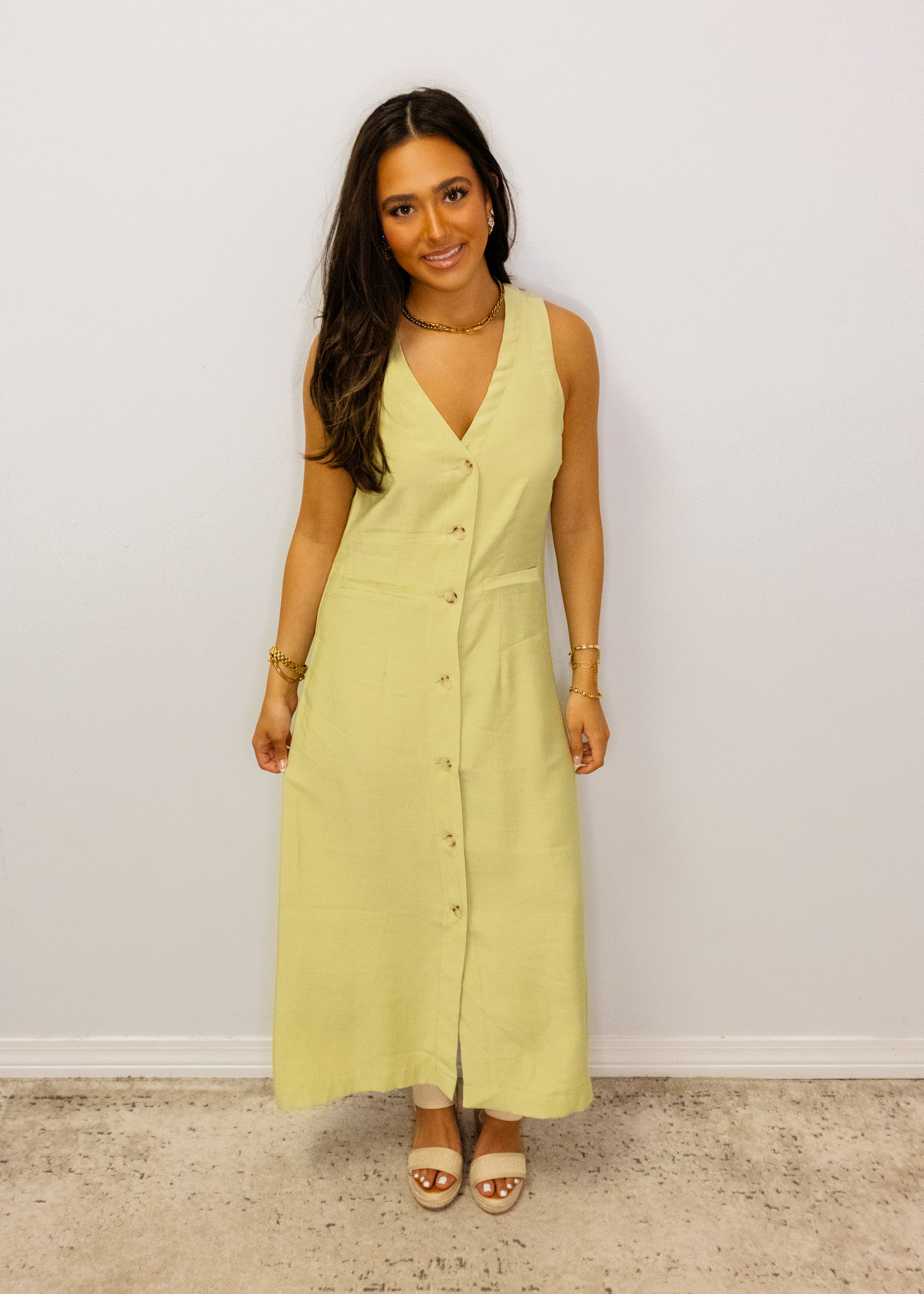 Sage Linen Button Midi Dress