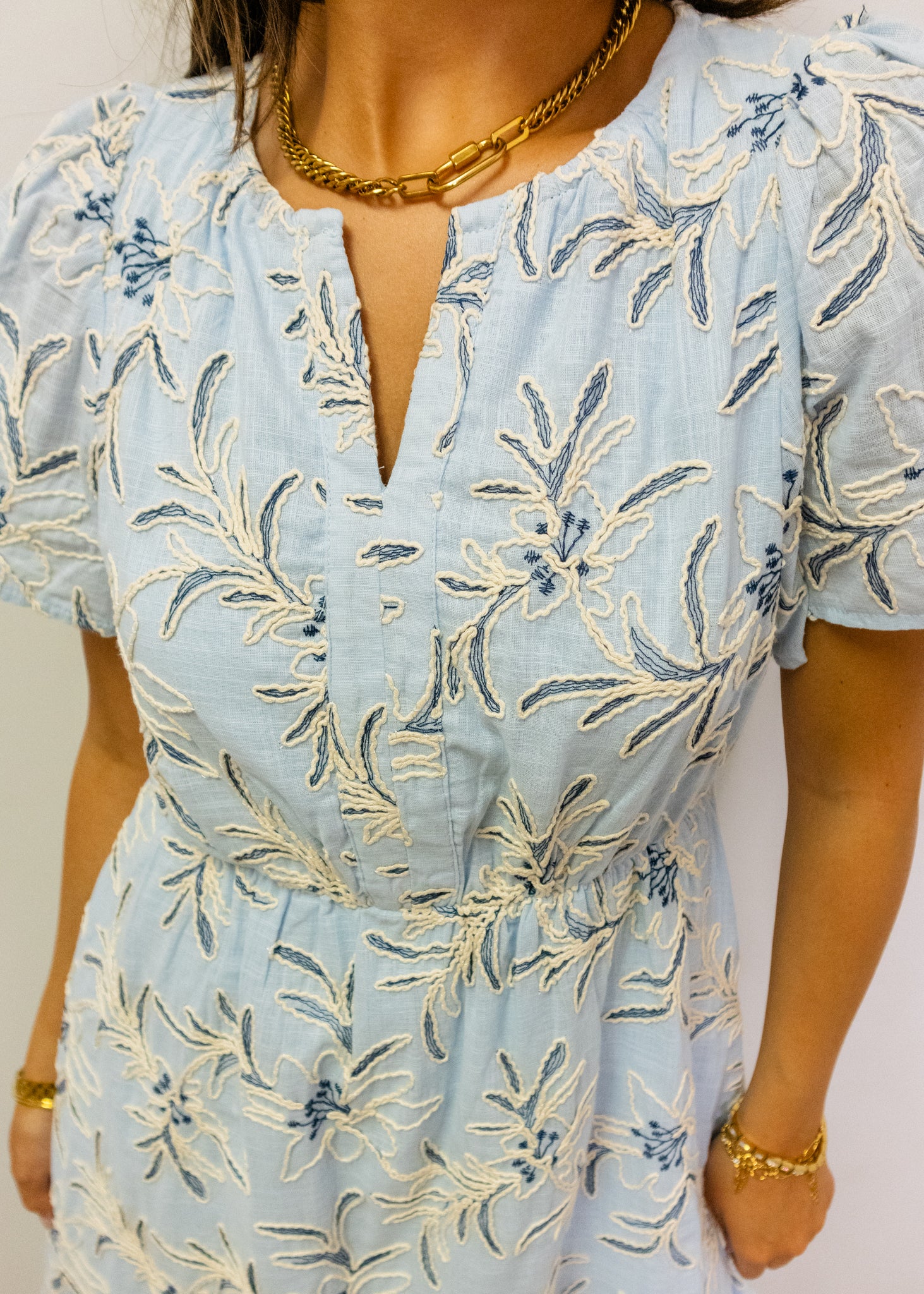 Light Blue Floral Embroidered Midi Dress
