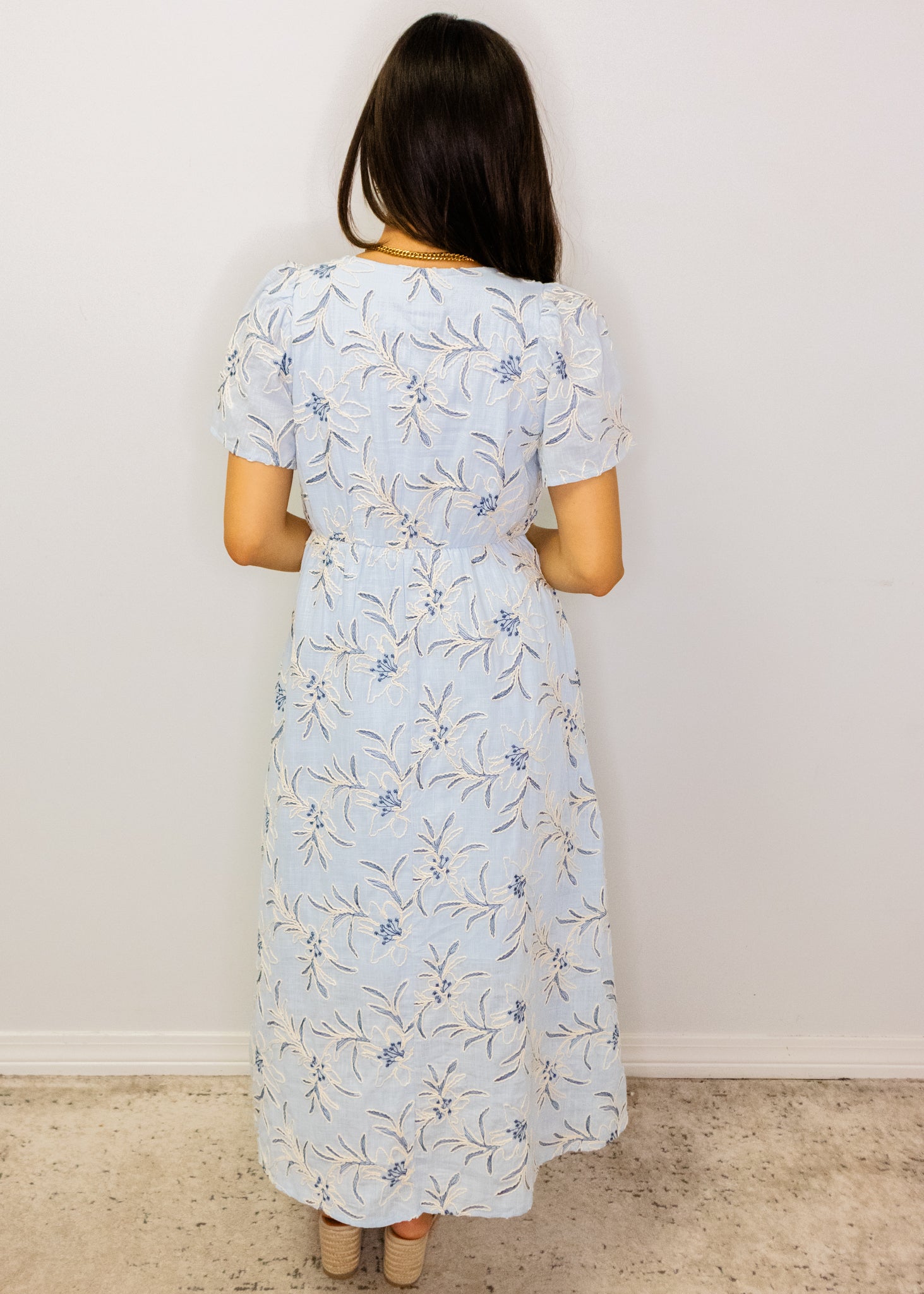 Light Blue Floral Embroidered Midi Dress