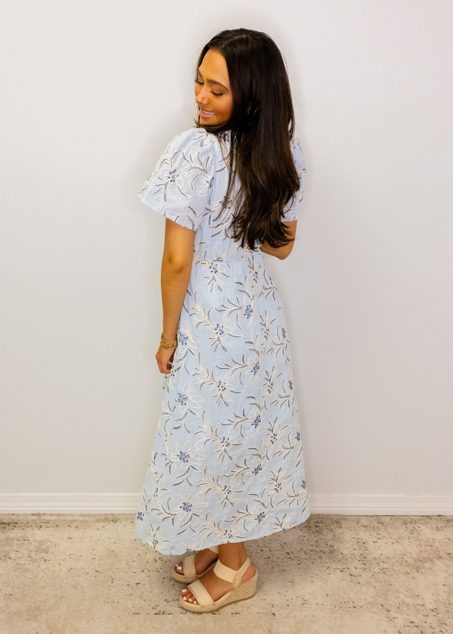 Light Blue Floral Embroidered Midi Dress