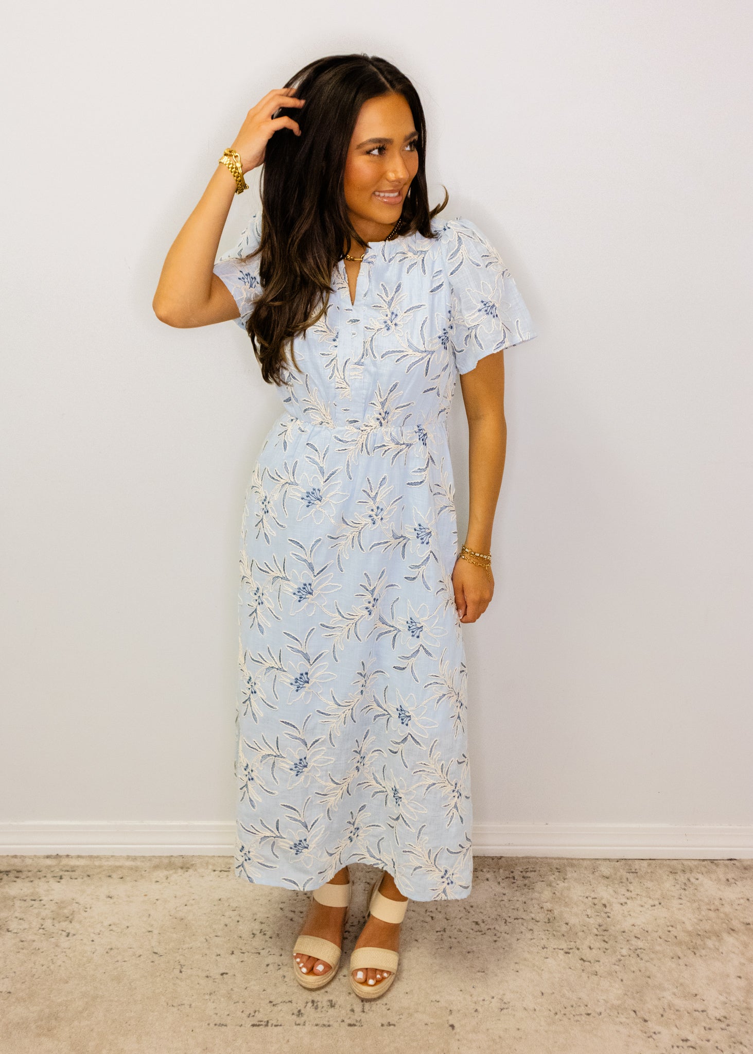 Light Blue Floral Embroidered Midi Dress