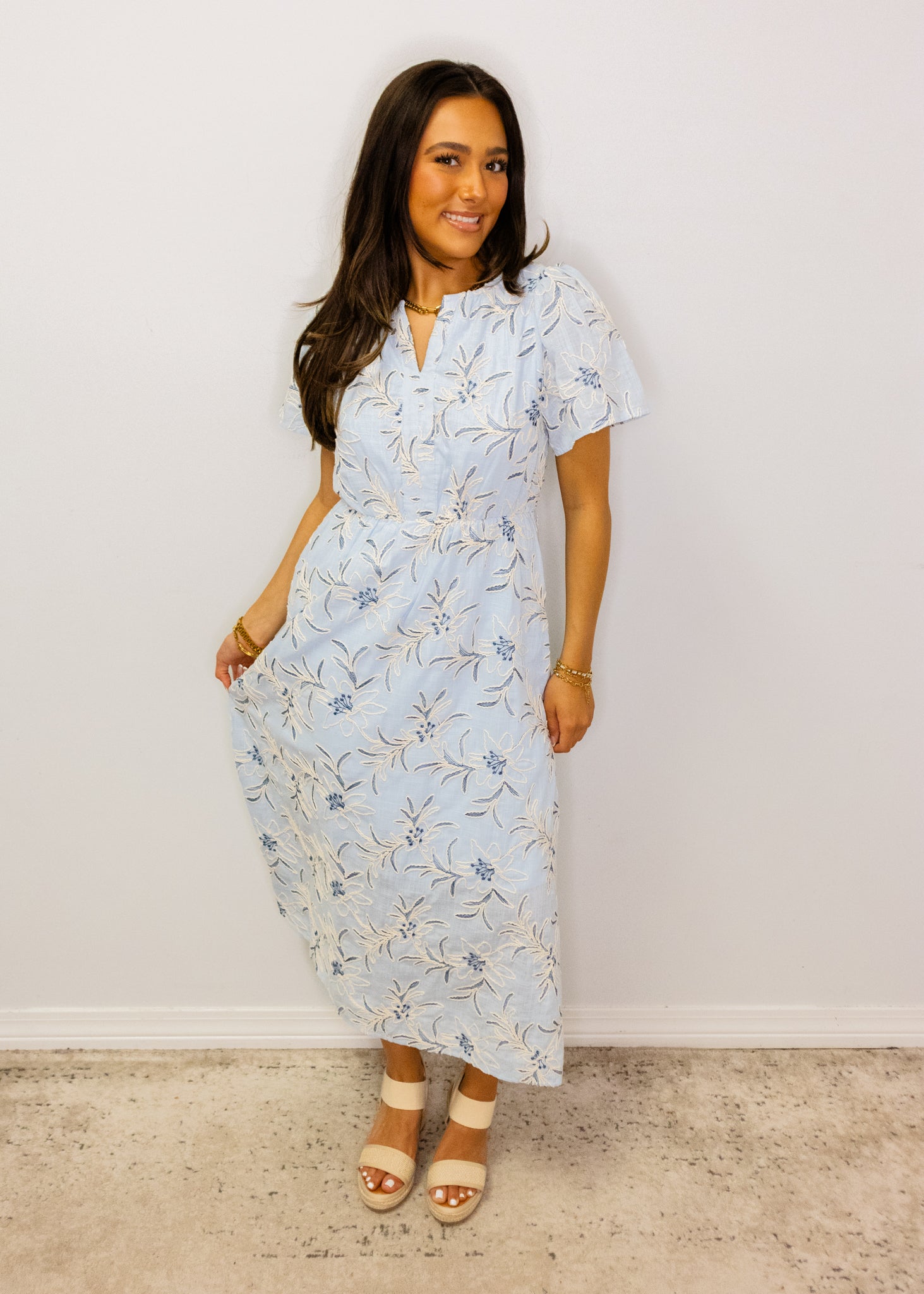 Light Blue Floral Embroidered Midi Dress
