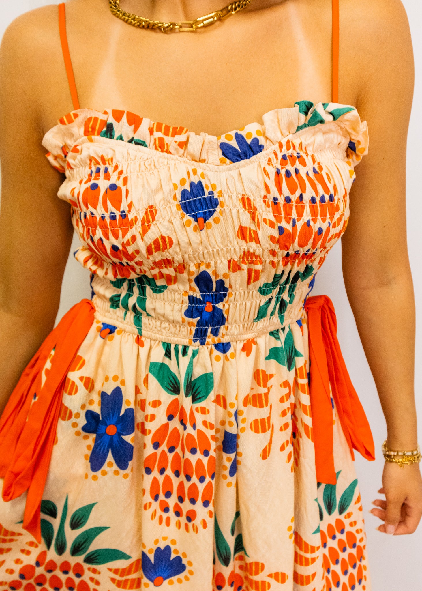 Orange Multi Sweetheart Midi Dress