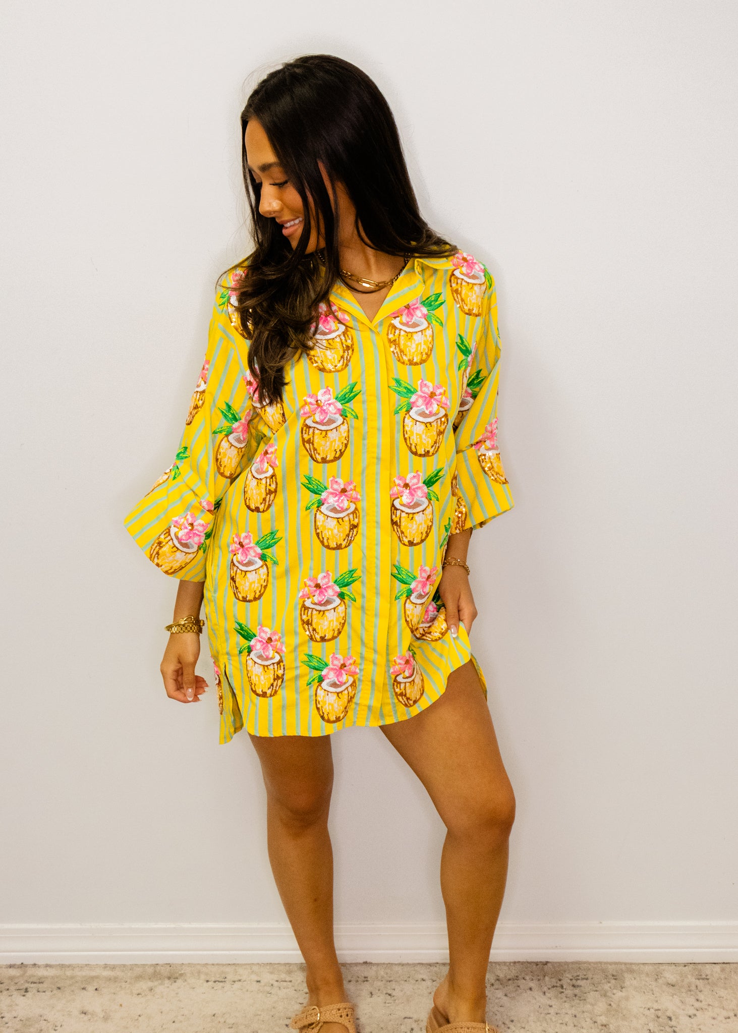 Yellow Striped Coconut Drink Button Up Cotton Tunic