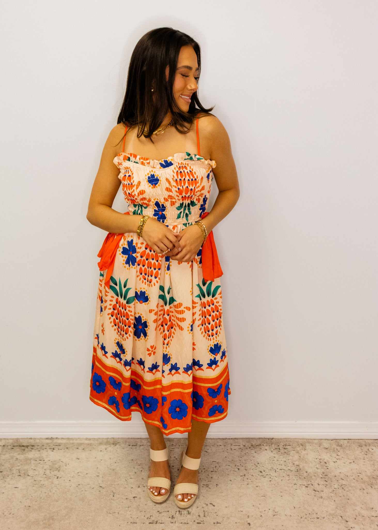Orange Multi Sweetheart Midi Dress