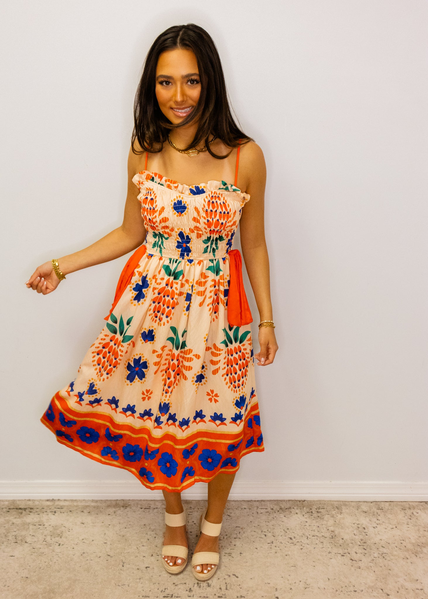 Orange Multi Sweetheart Midi Dress