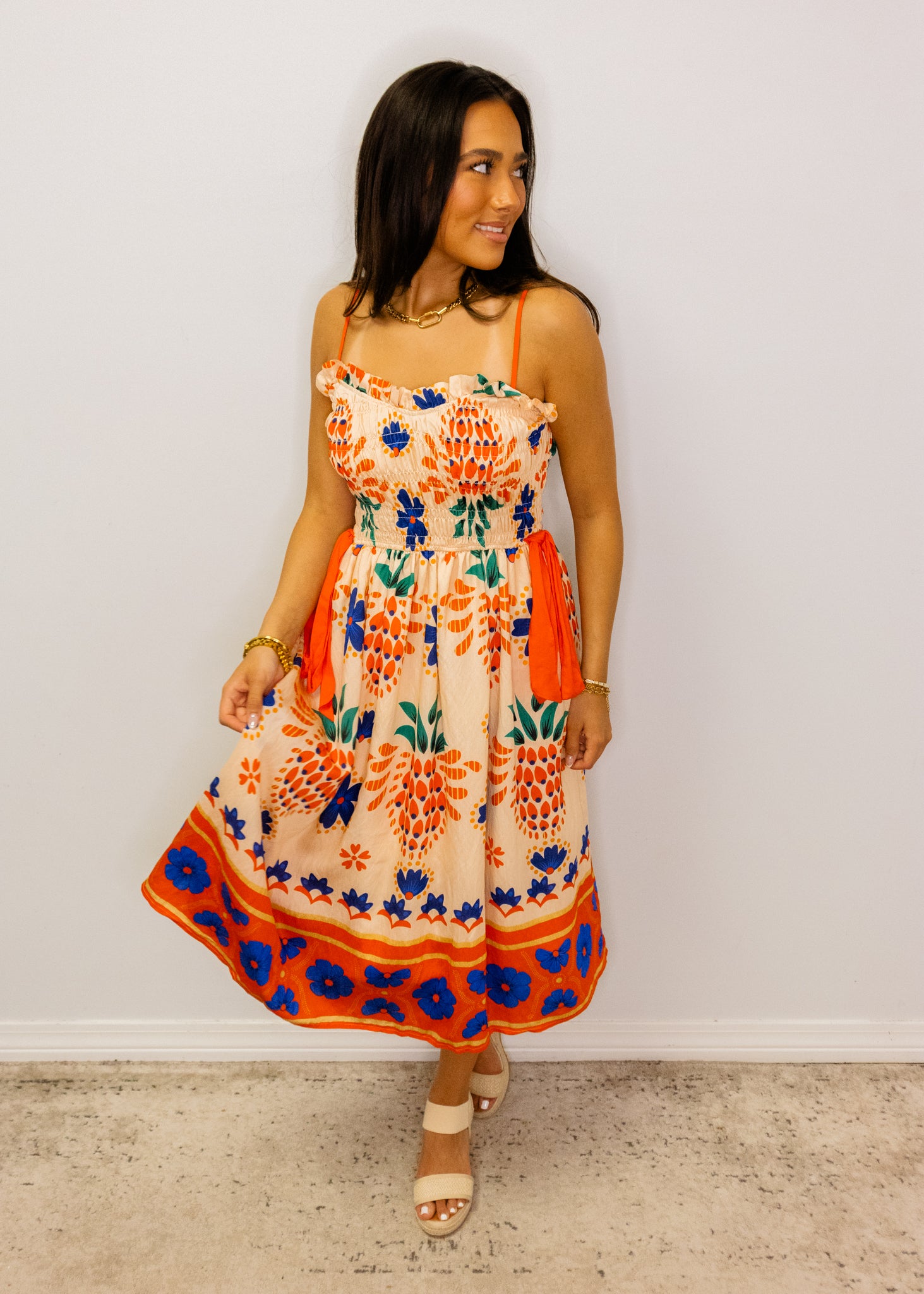 Orange Multi Sweetheart Midi Dress