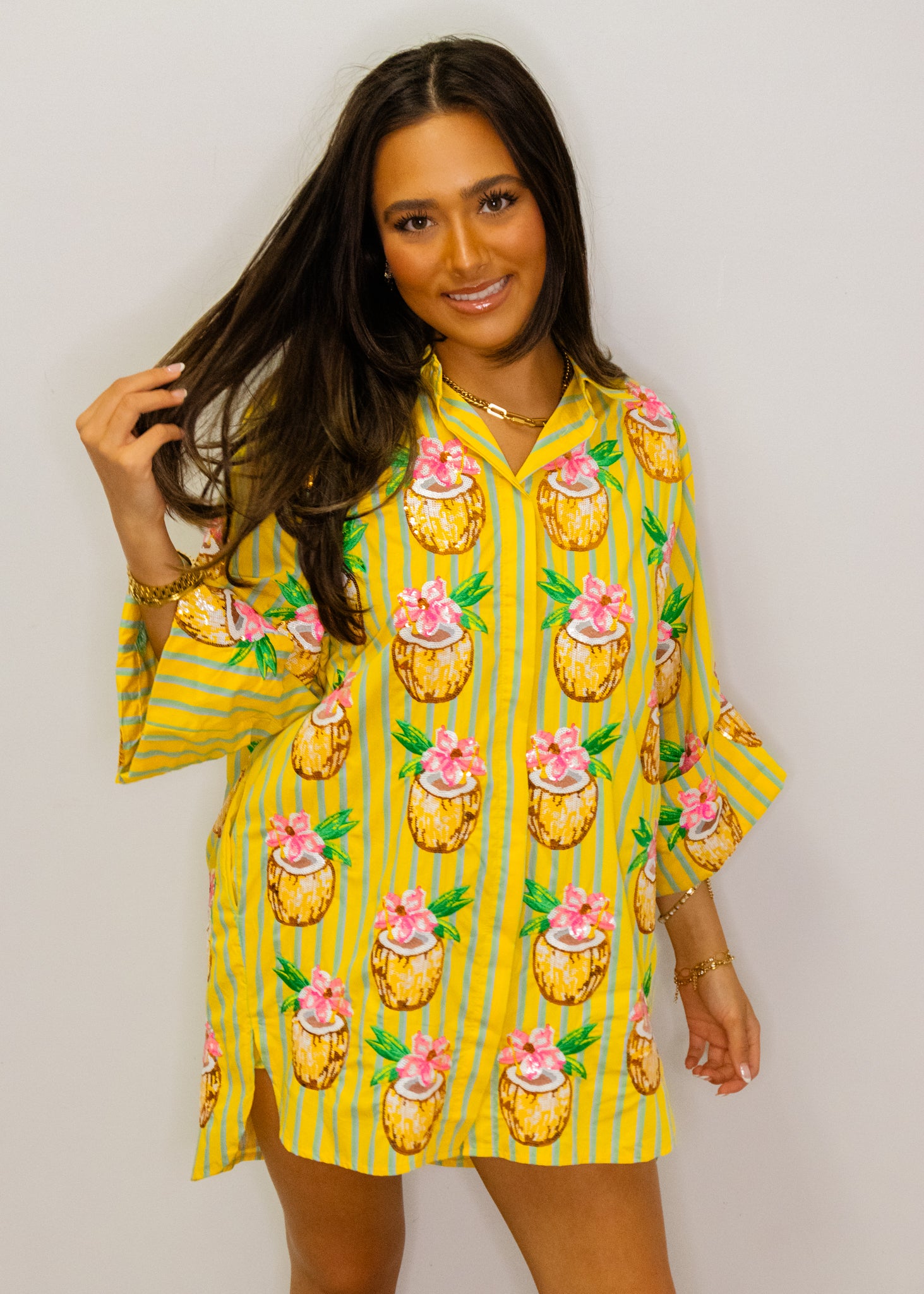 Yellow Striped Coconut Drink Button Up Cotton Tunic