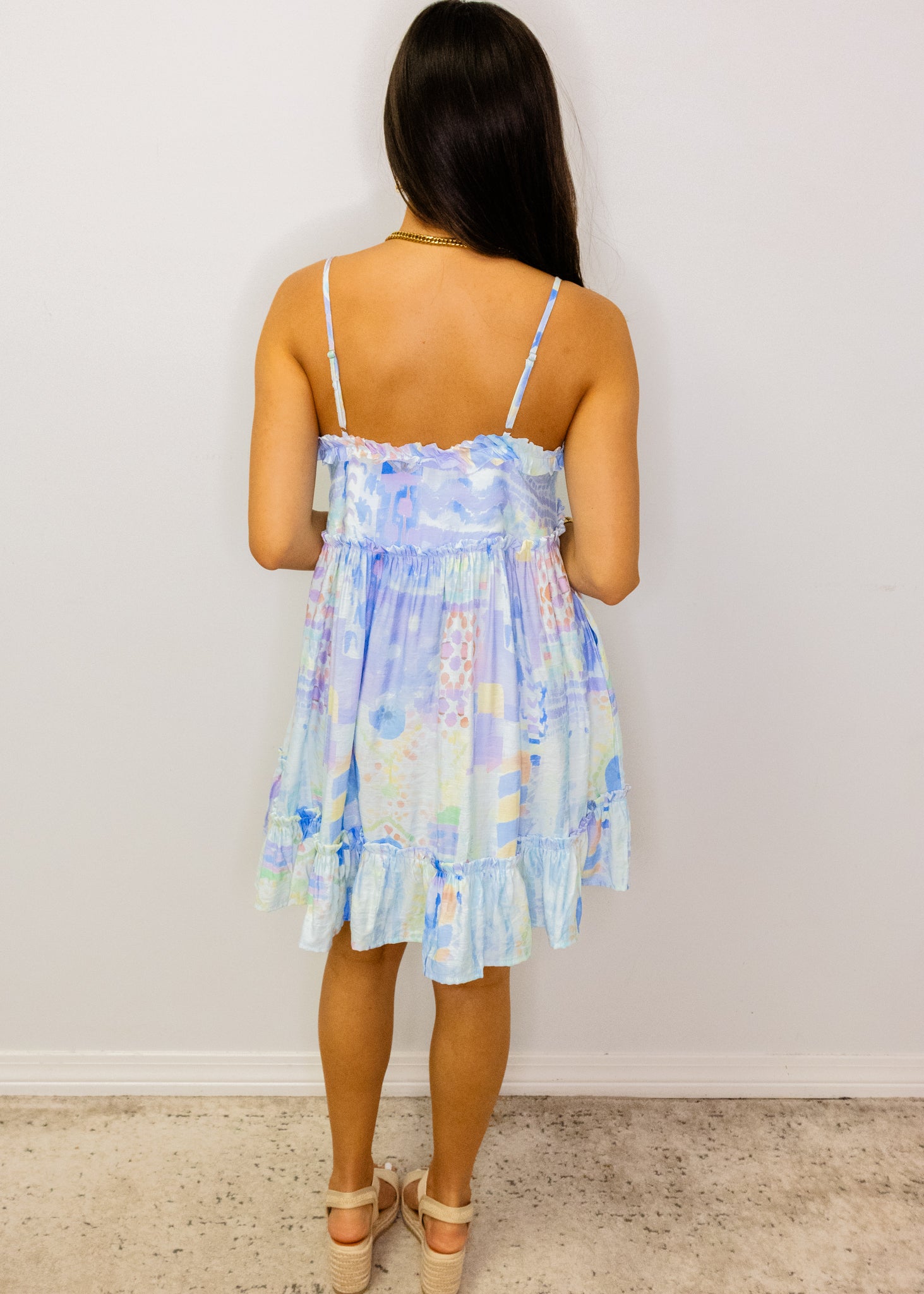 Blue Watercolor Print Tiered Dress