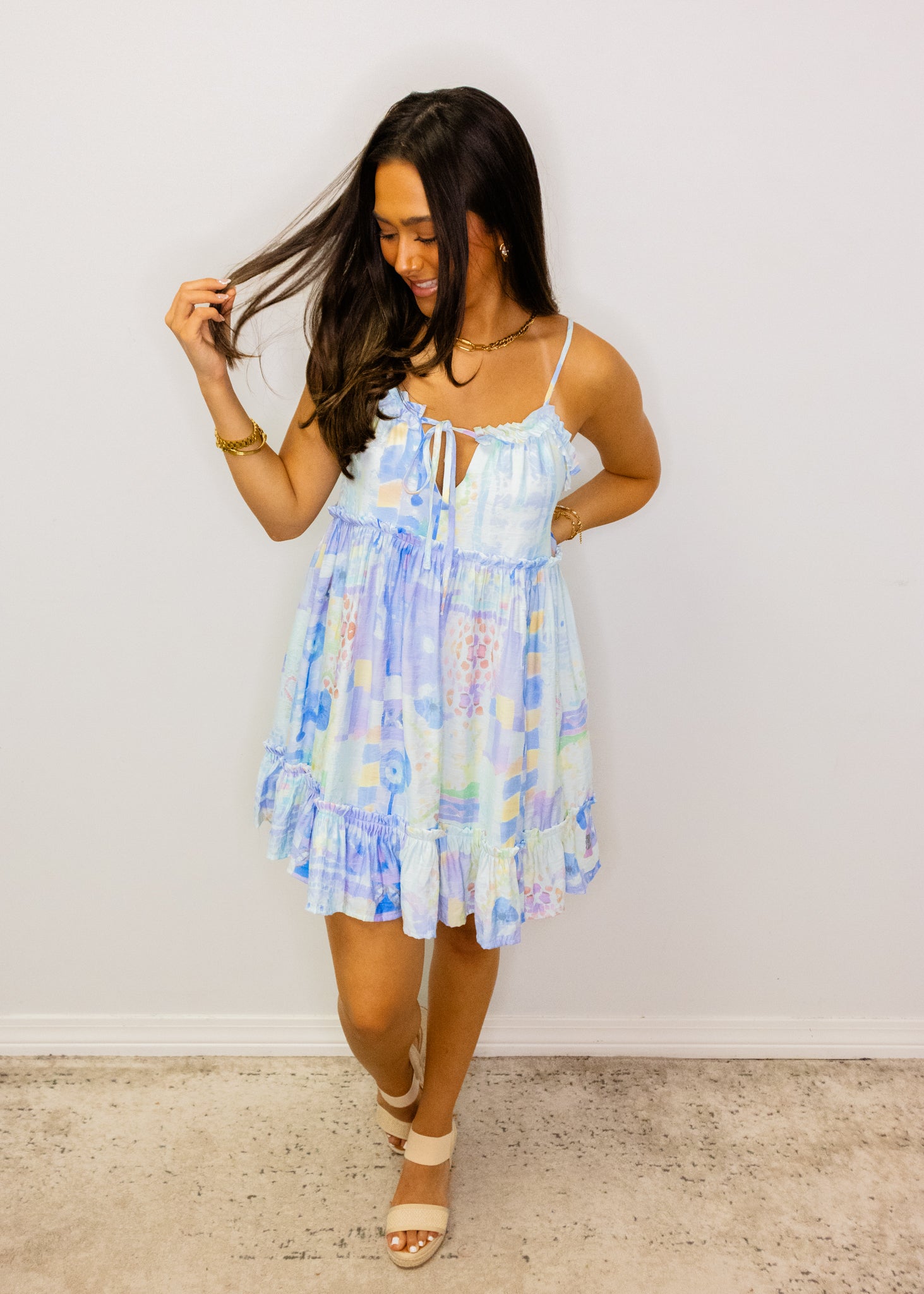 Blue Watercolor Print Tiered Dress