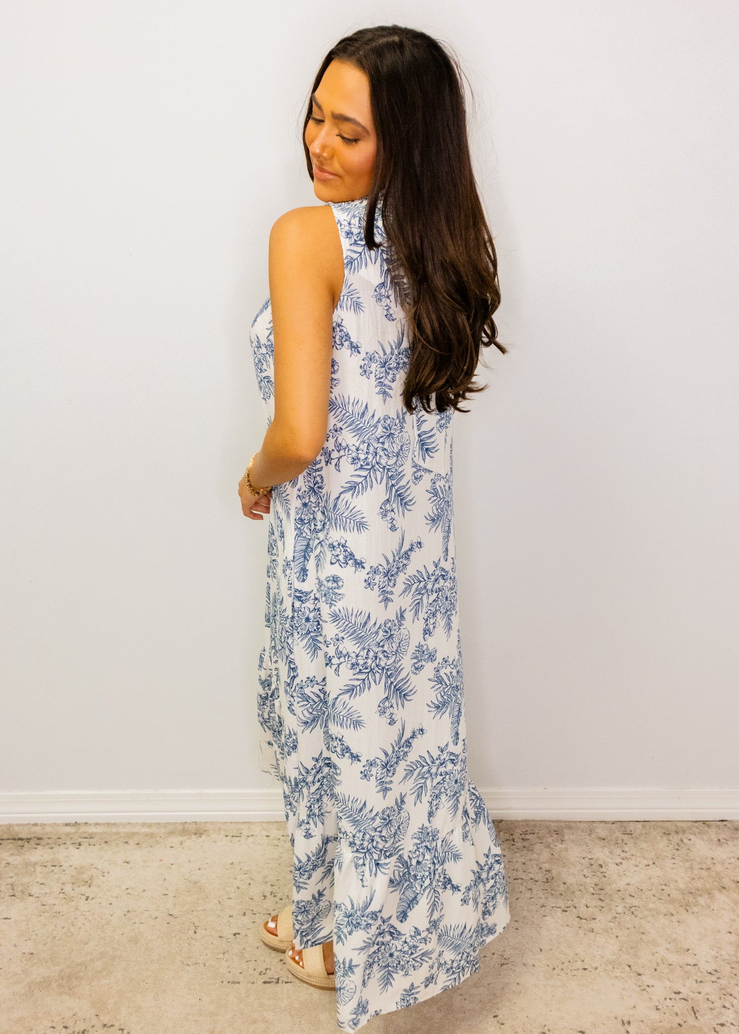 Blue Floral Print Neck Midi Dress