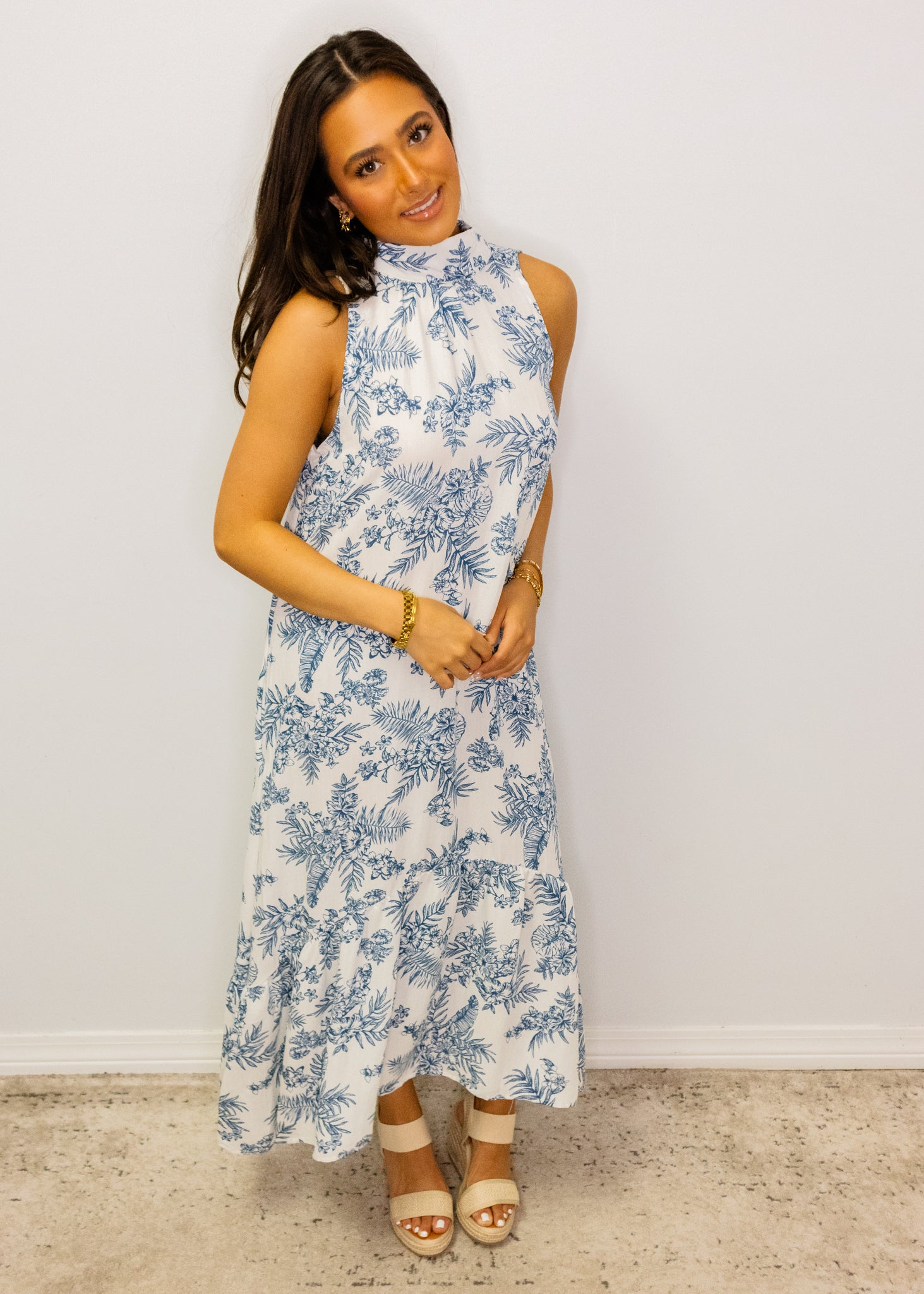 Blue Floral Print Neck Midi Dress