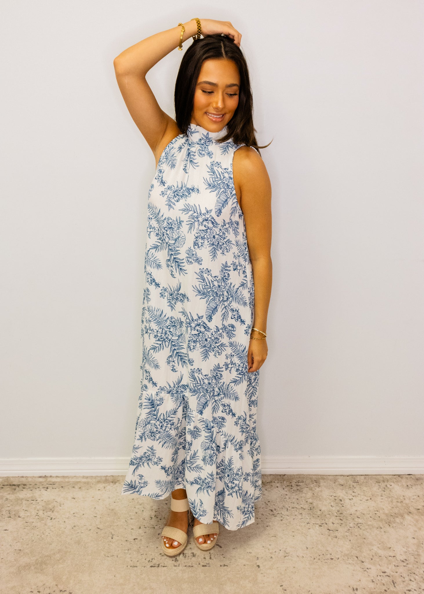 Blue Floral Print Neck Midi Dress