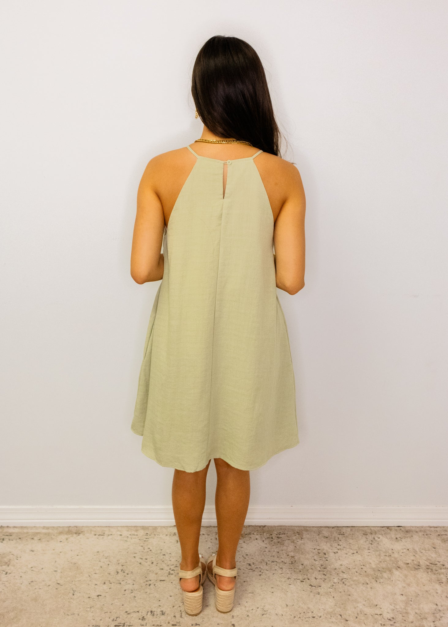 Sage Linen Bead Trim Dress