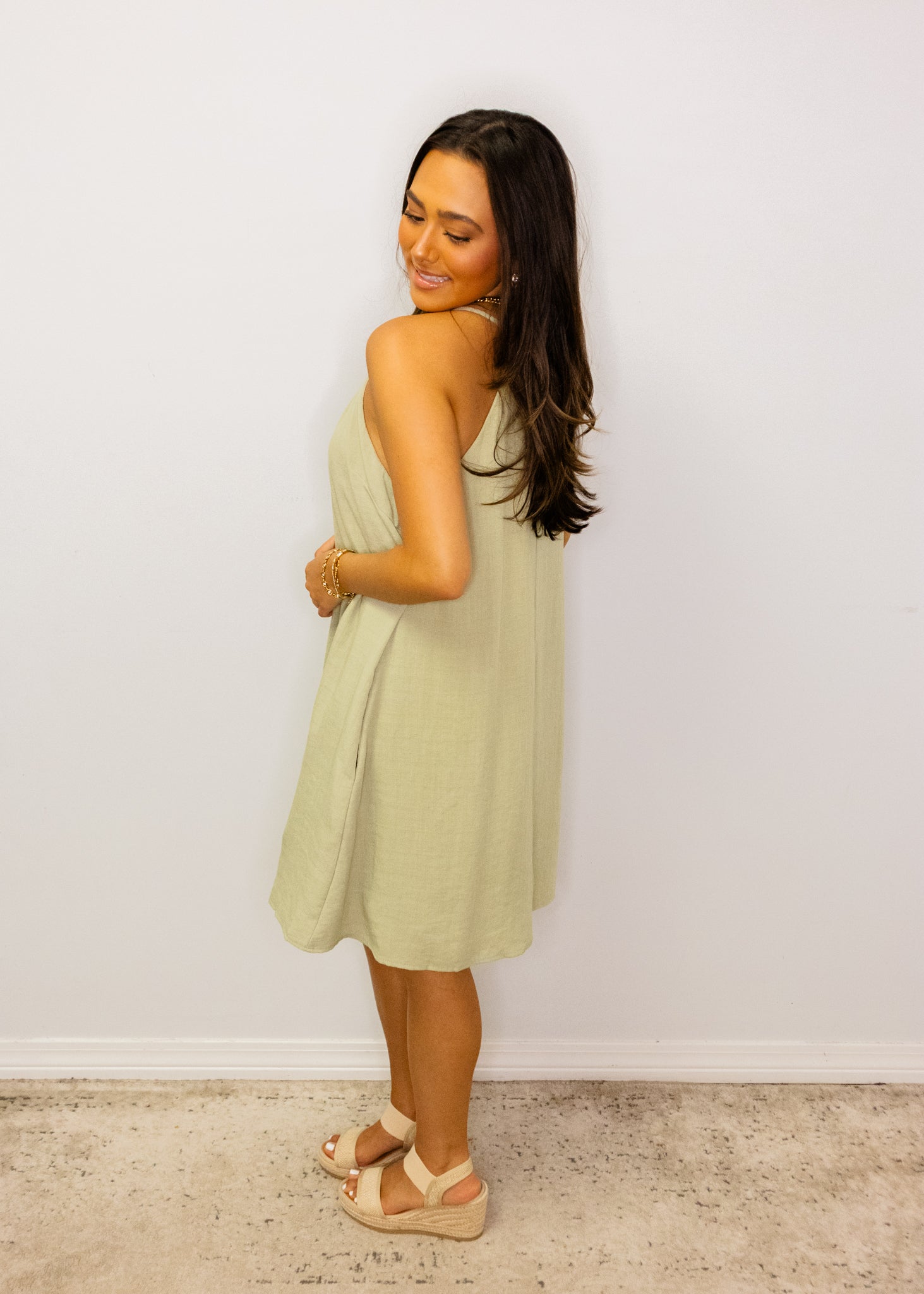 Sage Linen Bead Trim Dress