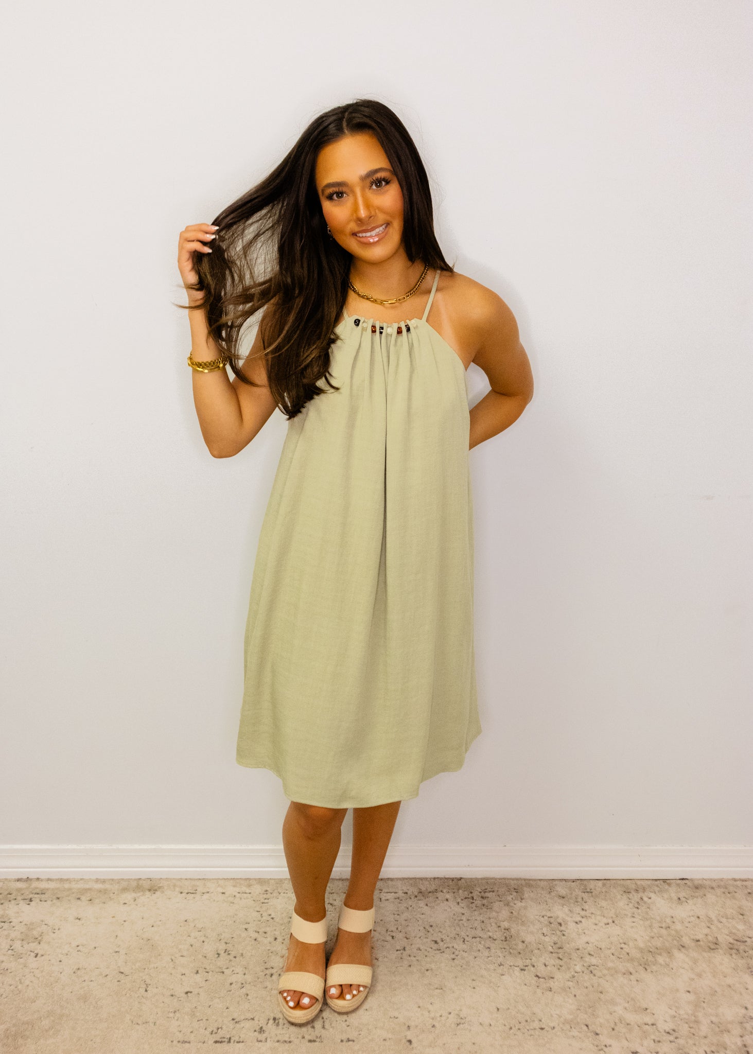 Sage Linen Bead Trim Dress