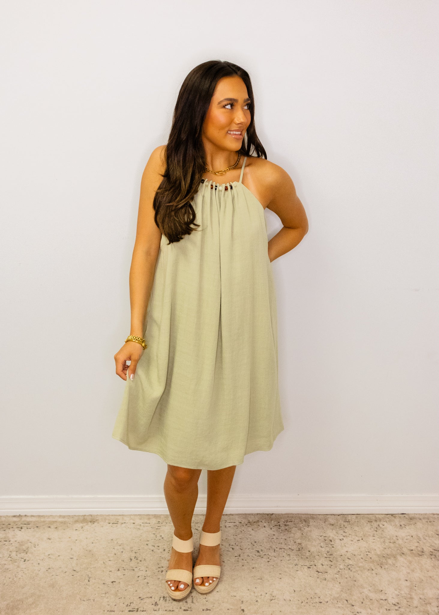 Sage Linen Bead Trim Dress