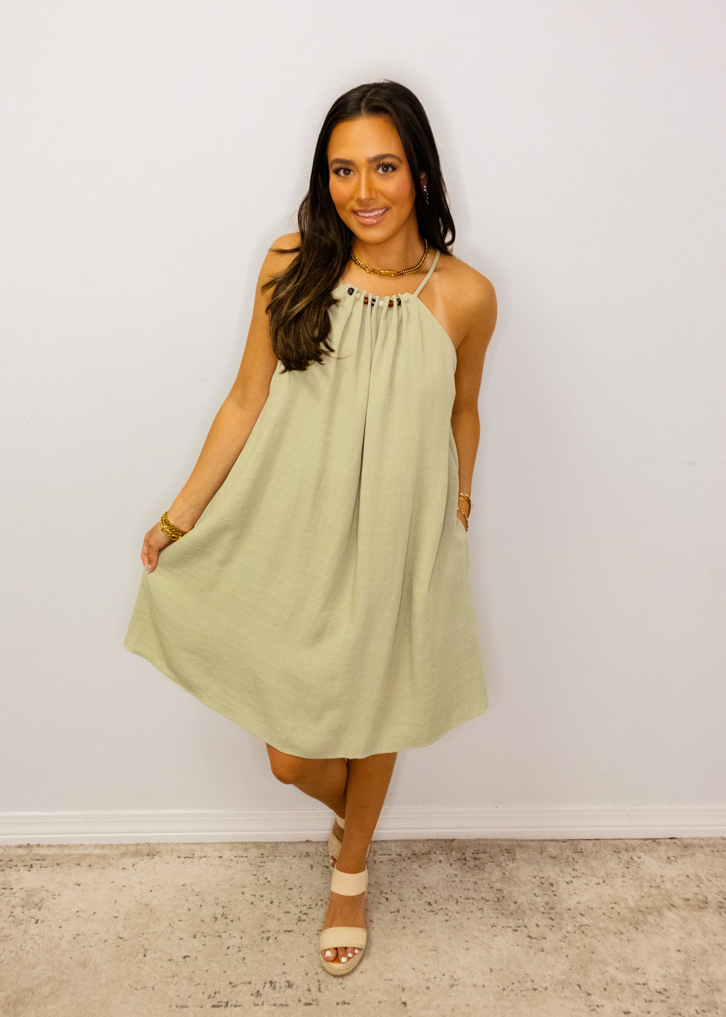 Sage Linen Bead Trim Dress