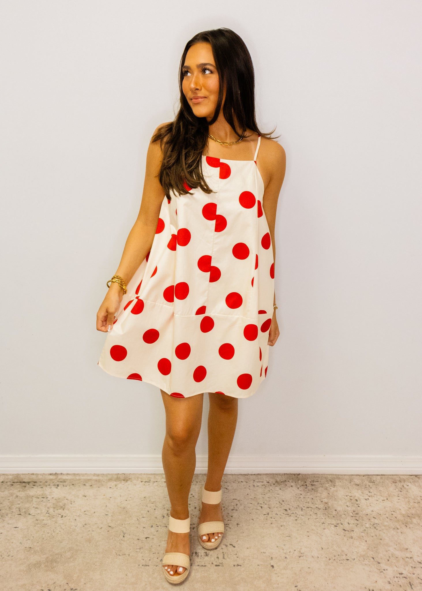 Red Polka Dot Print Barrel Dress