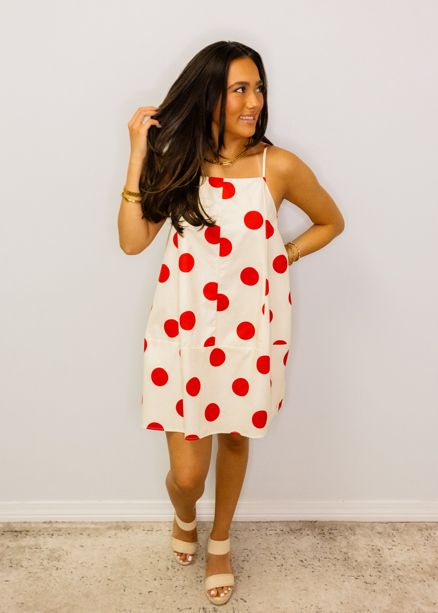 Red Polka Dot Print Barrel Dress