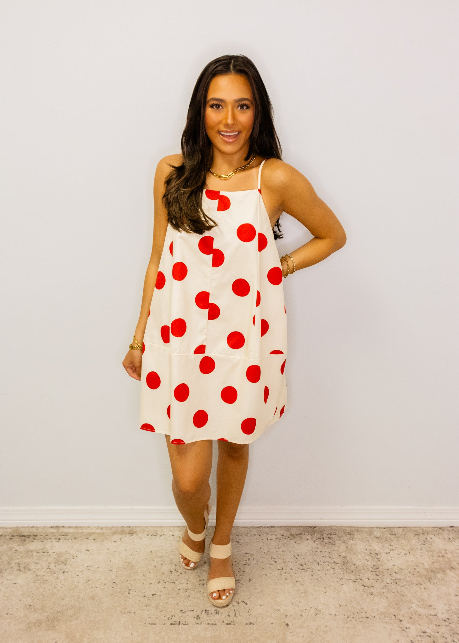 Red Polka Dot Print Barrel Dress