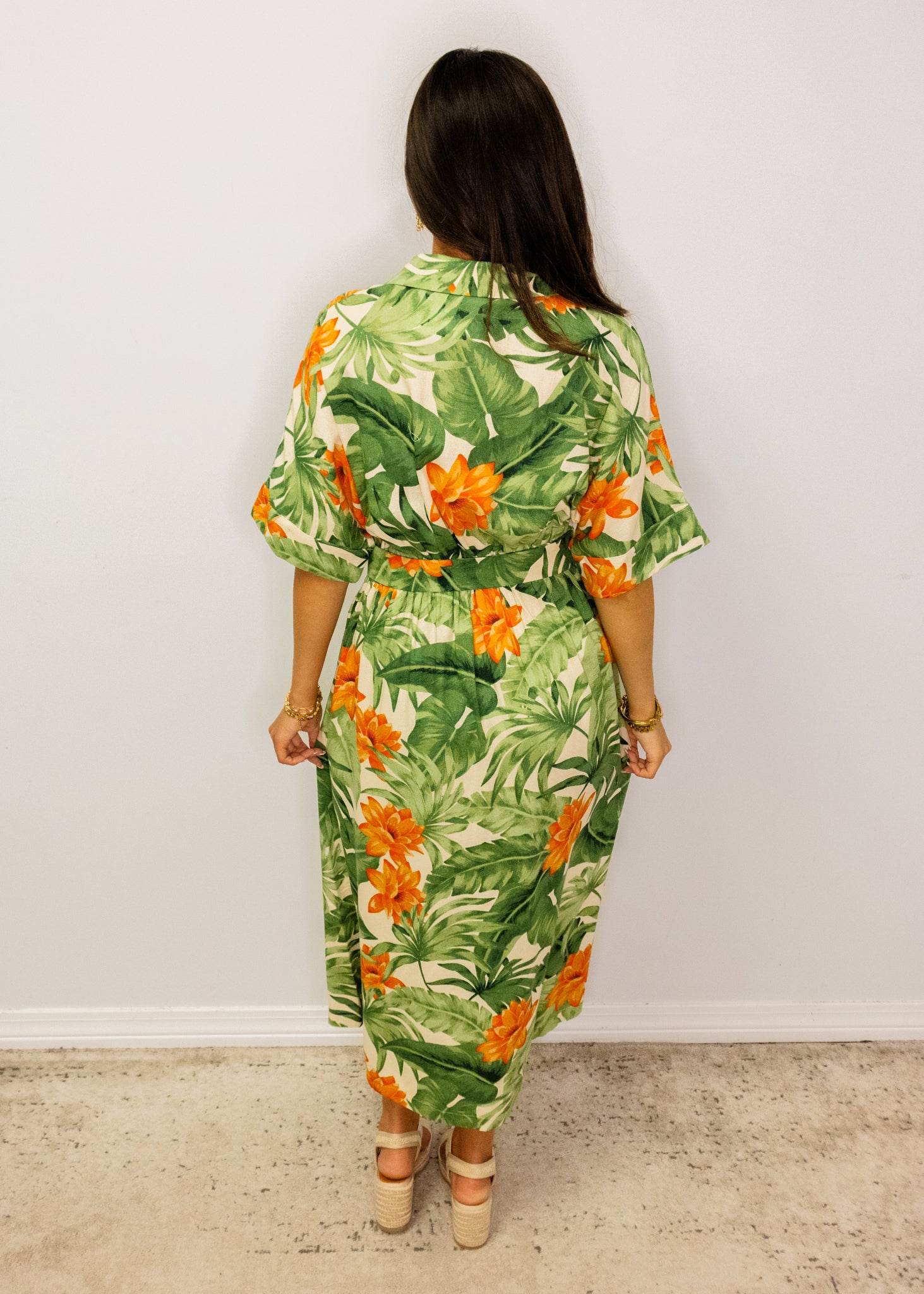 Green Tropical Button Midi Dress