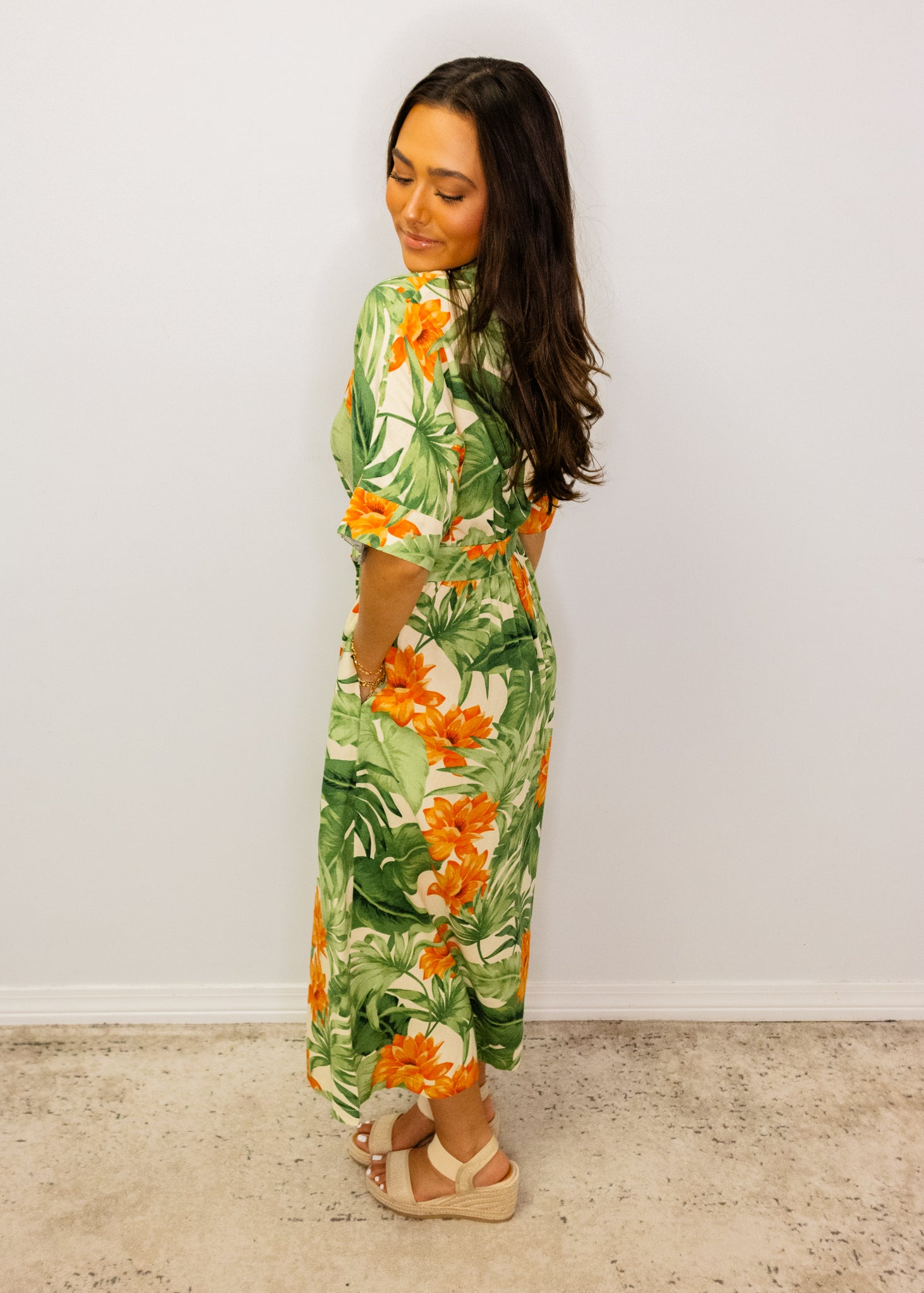 Green Tropical Button Midi Dress